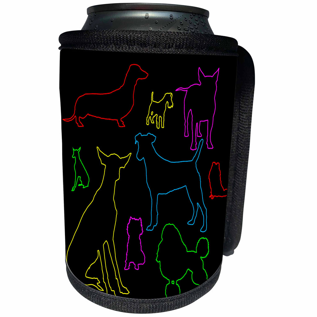 3dRose Alexis Design - Dogs - Nine colorfully outlined dog silhouettes on black background - Can Cooler Bottle Wrap (cc_294601)