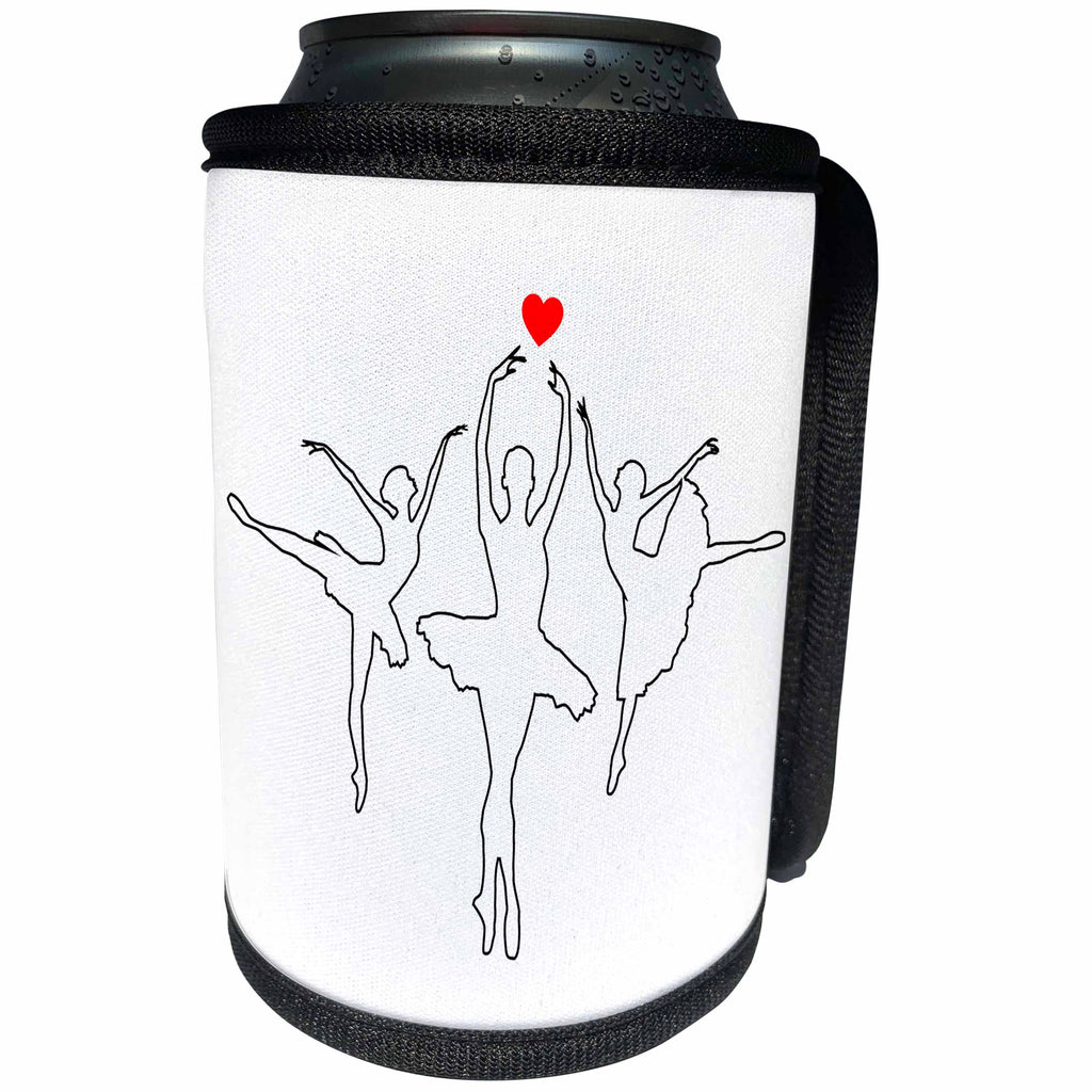 3dRose Alexis Design - Ballet - Three black outlined ballerina silhouettes on white. Red heart image - Can Cooler Bottle Wrap (cc_294604)
