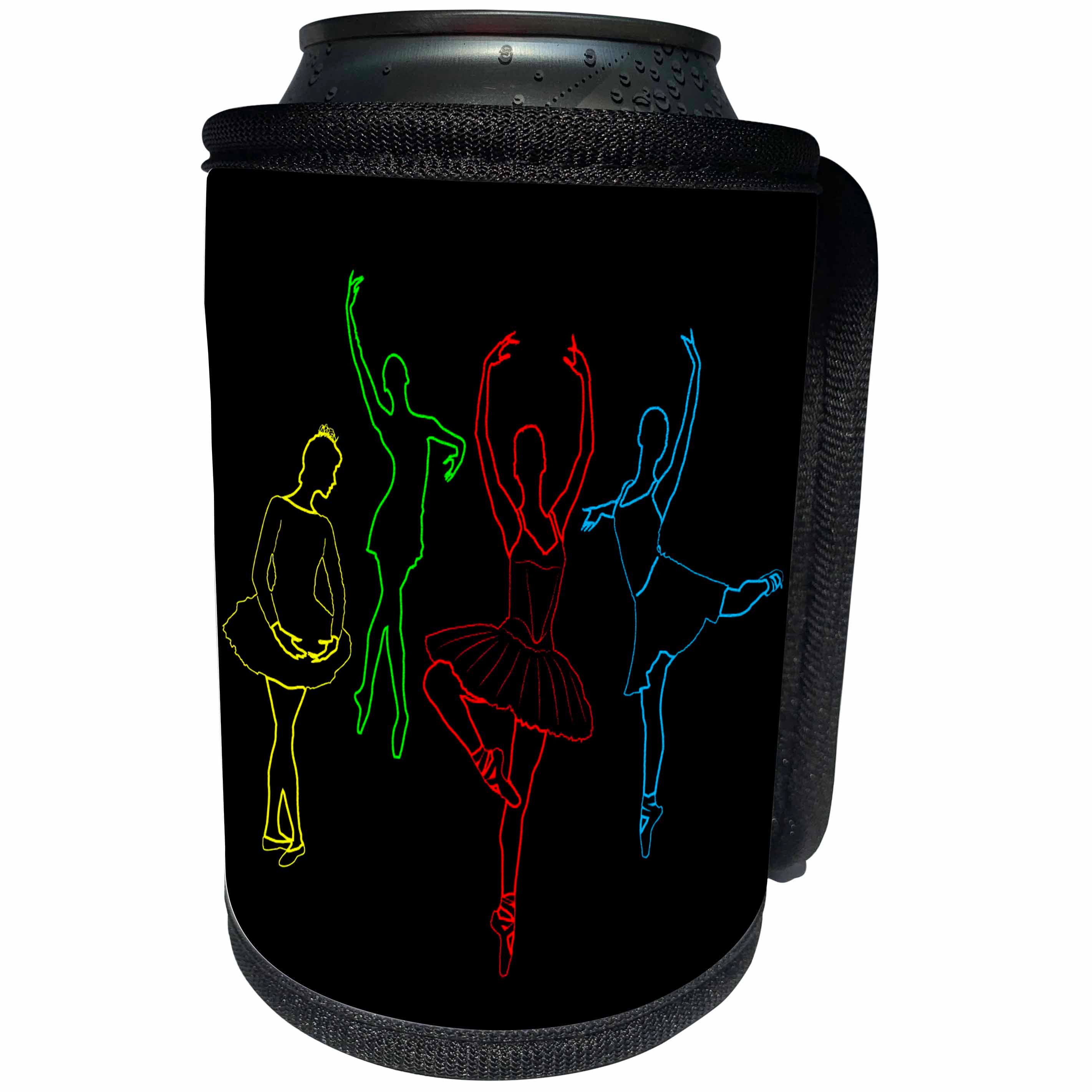 3dRose Alexis Design - Ballet - Four colorfully outlined ballerina silhouettes on black background - Can Cooler Bottle Wrap (cc_294605)