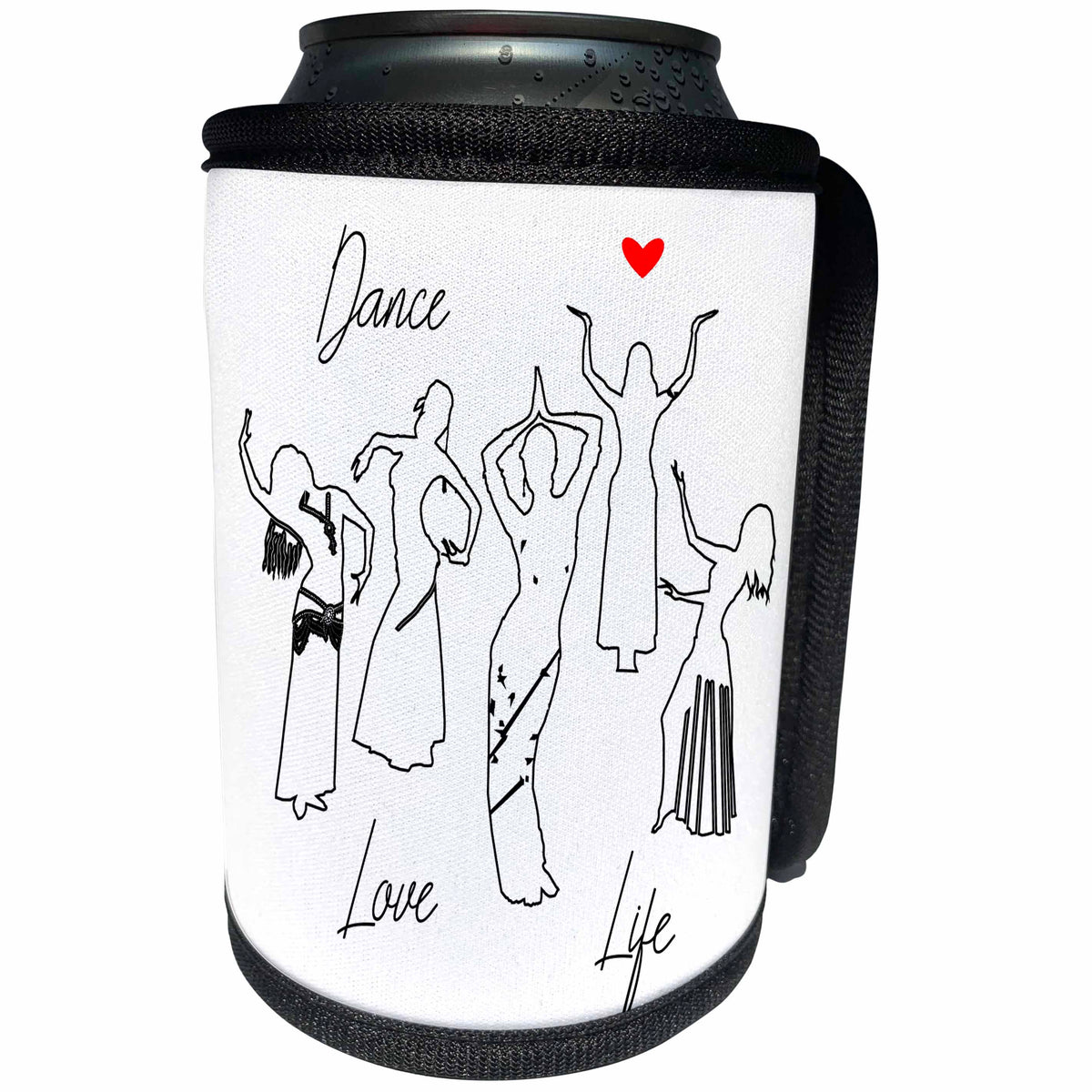 3dRose Alexis Design - Dance - Outlined silhouettes of female dancers. Dance, Love, Life, red heart - Can Cooler Bottle Wrap (cc_294606)