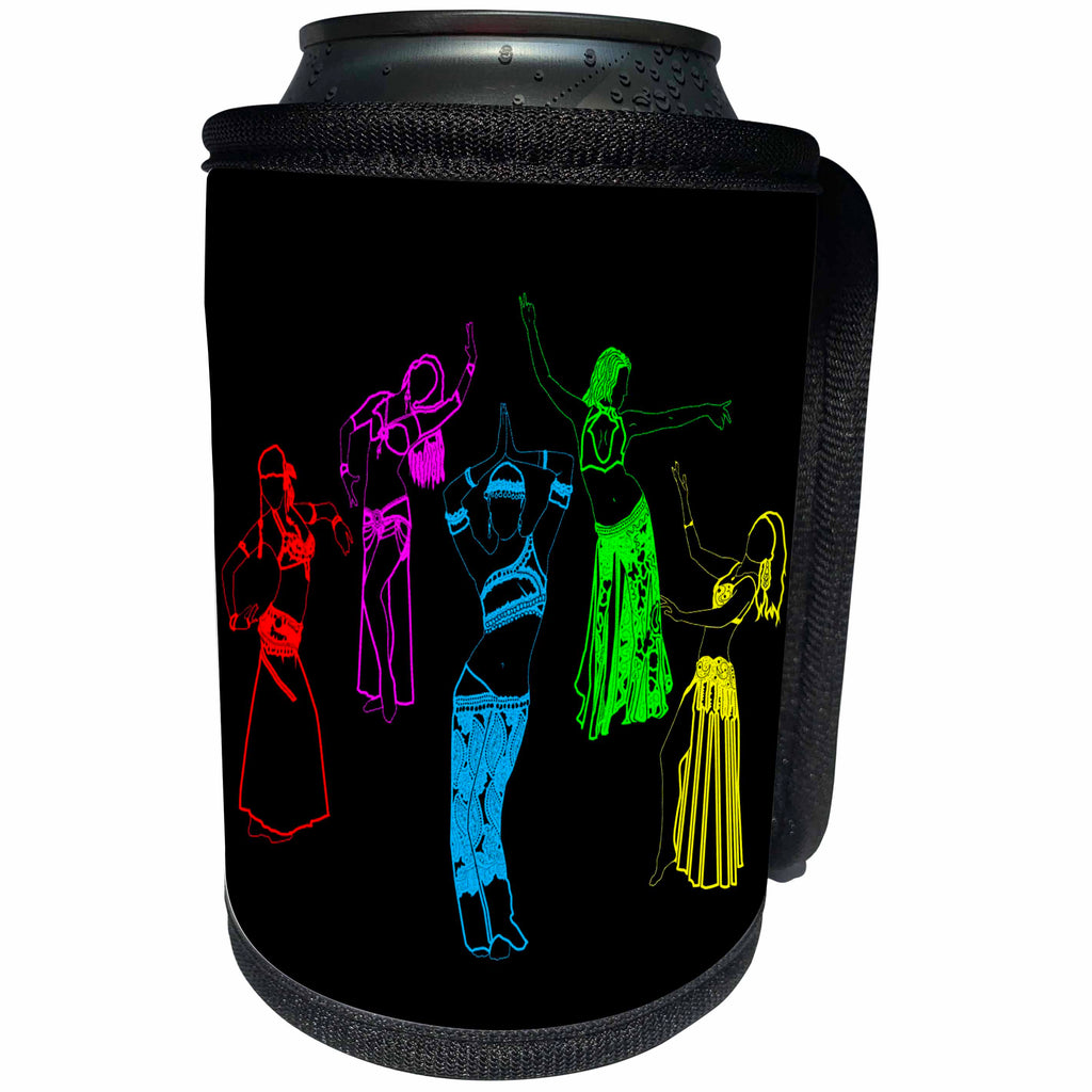 3dRose Alexis Design - Dance - Colorfully outlined silhouettes of oriental female dancers on black - Can Cooler Bottle Wrap (cc_294607)