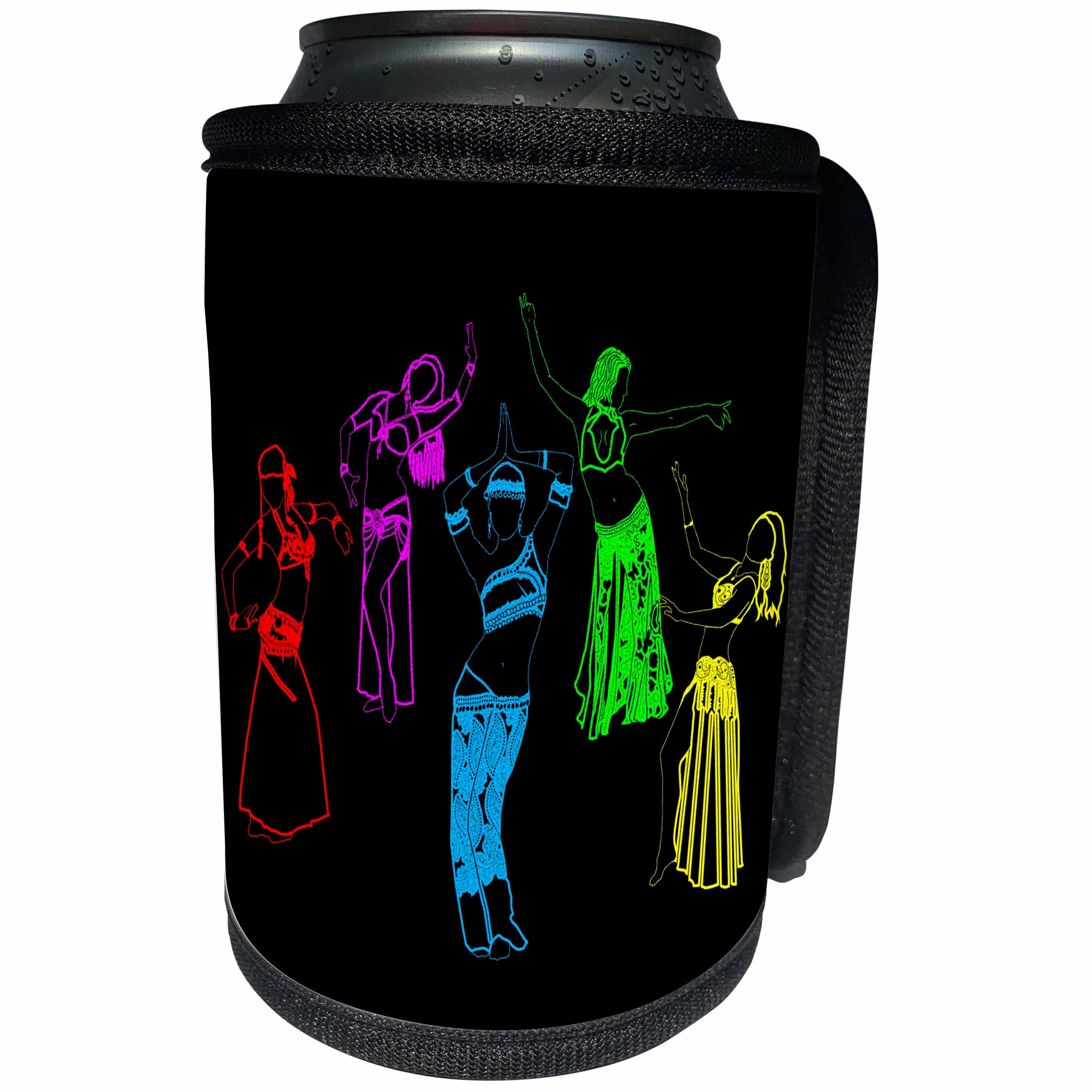 3dRose Alexis Design - Dance - Colorfully outlined silhouettes of oriental female dancers on black - Can Cooler Bottle Wrap (cc_294607)