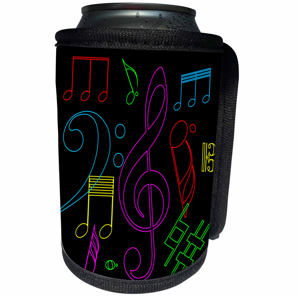 3dRose Alexis Design - Music - Colorful silhouette images of musical notes on black background - Can Cooler Bottle Wrap (cc_294608)