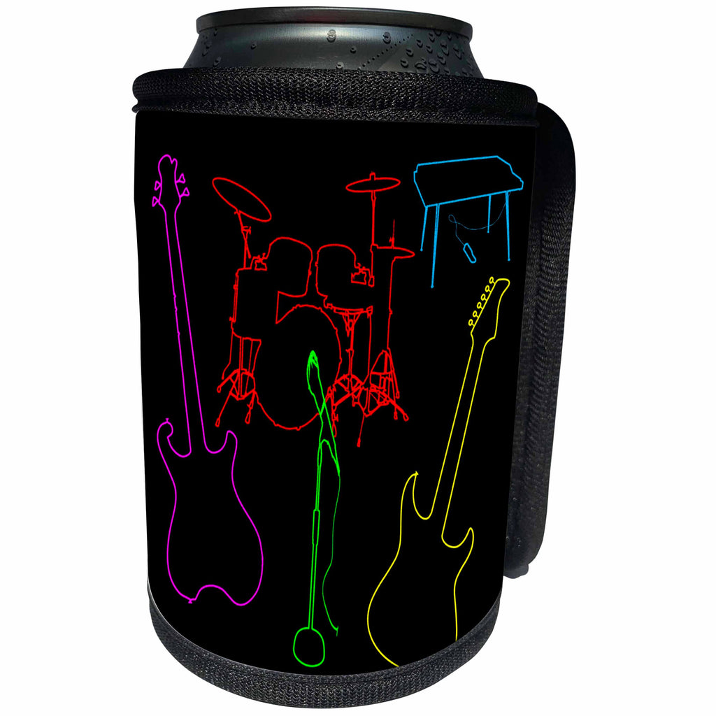 3dRose Alexis Design - Musical Instruments - Colorful silhouette images of guitars, drums, keyboard, microphone - Can Cooler Bottle Wrap (cc_294609)