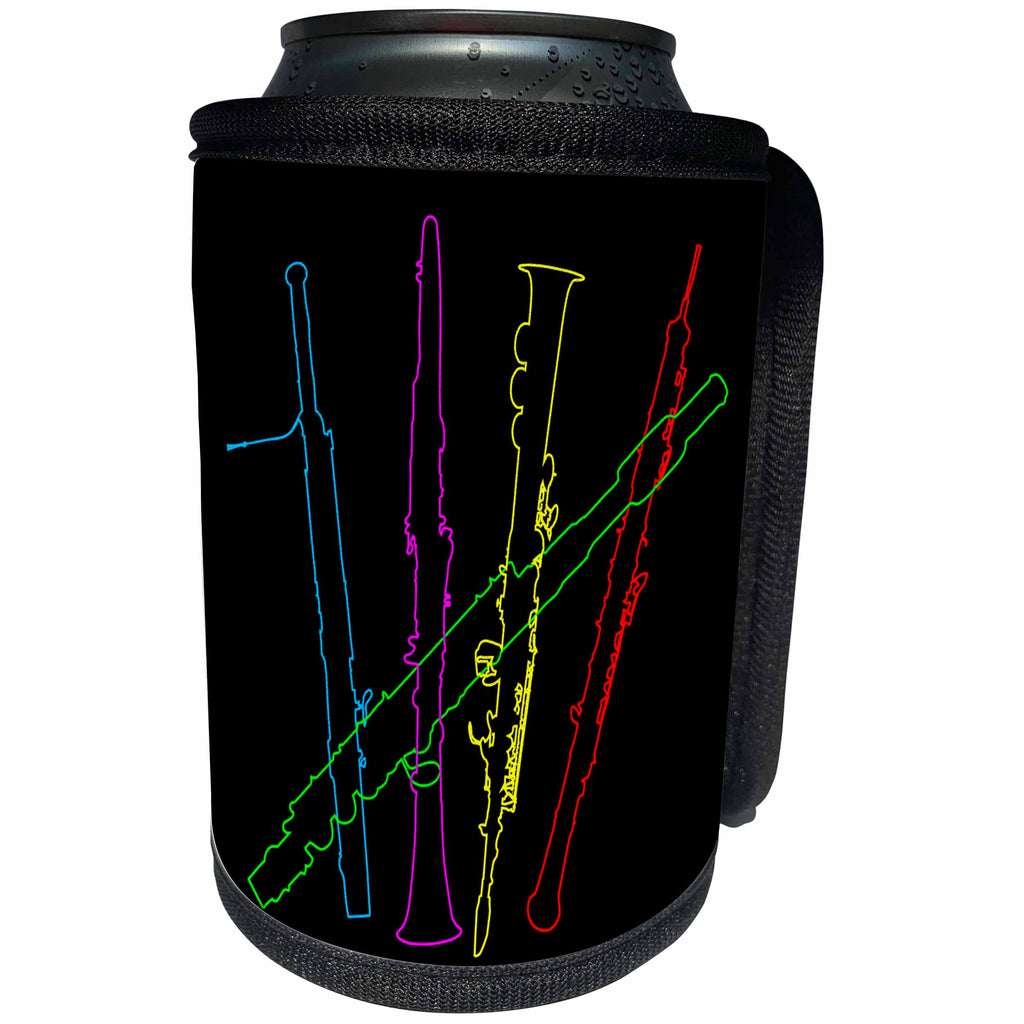 3dRose Alexis Design - Musical Instruments - Colorful silhouette images of different kinds of flutes, pipes - Can Cooler Bottle Wrap (cc_294610)