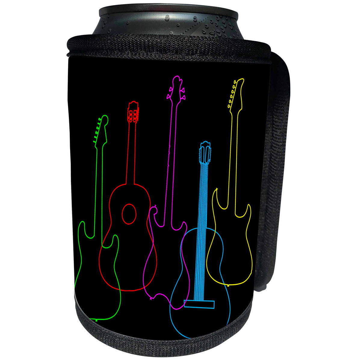 3dRose Alexis Design - Musical Instruments - Colorful silhouette images of guitars on black background - Can Cooler Bottle Wrap (cc_294611)