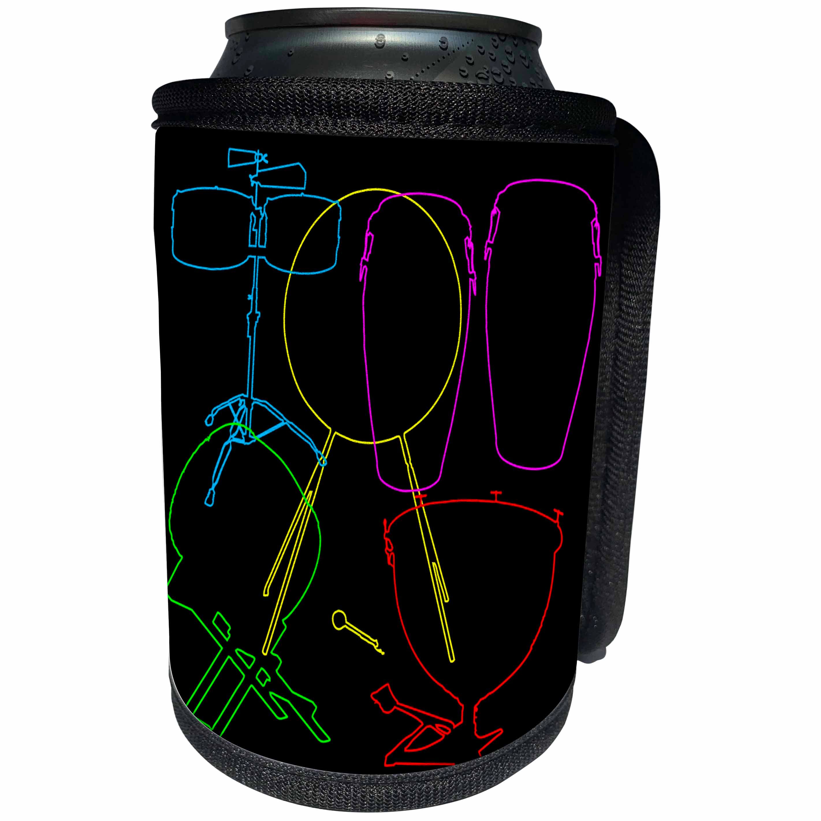 3dRose Alexis Design - Musical Instruments - Colorful silhouette images of musical instruments drums on black - Can Cooler Bottle Wrap (cc_294613)