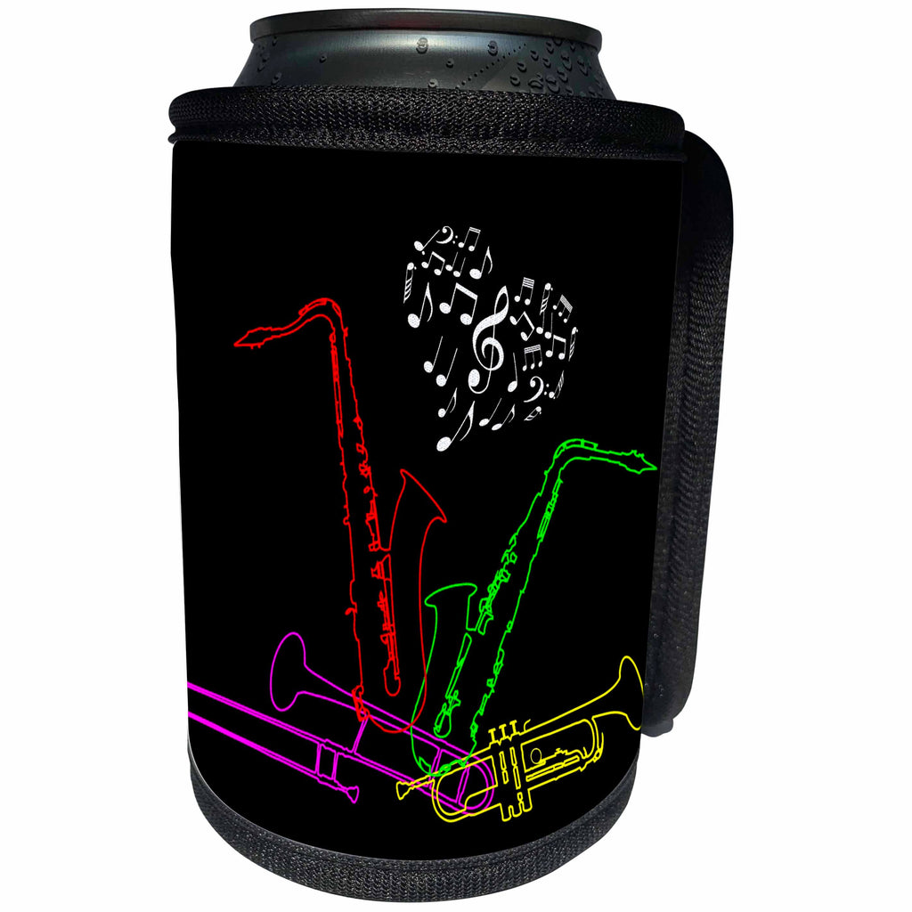3dRose Alexis Design - Musical Instruments - Colorful silhouette images of musical instruments, heart of notes - Can Cooler Bottle Wrap (cc_294614)