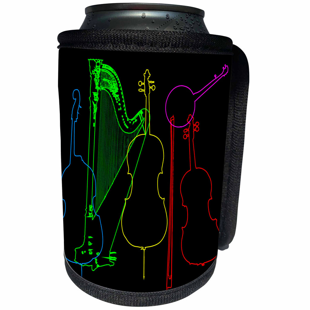 3dRose Alexis Design - Musical Instruments - Colorful silhouettes of violin, cello, harp, banjo, contrabass - Can Cooler Bottle Wrap (cc_294615)
