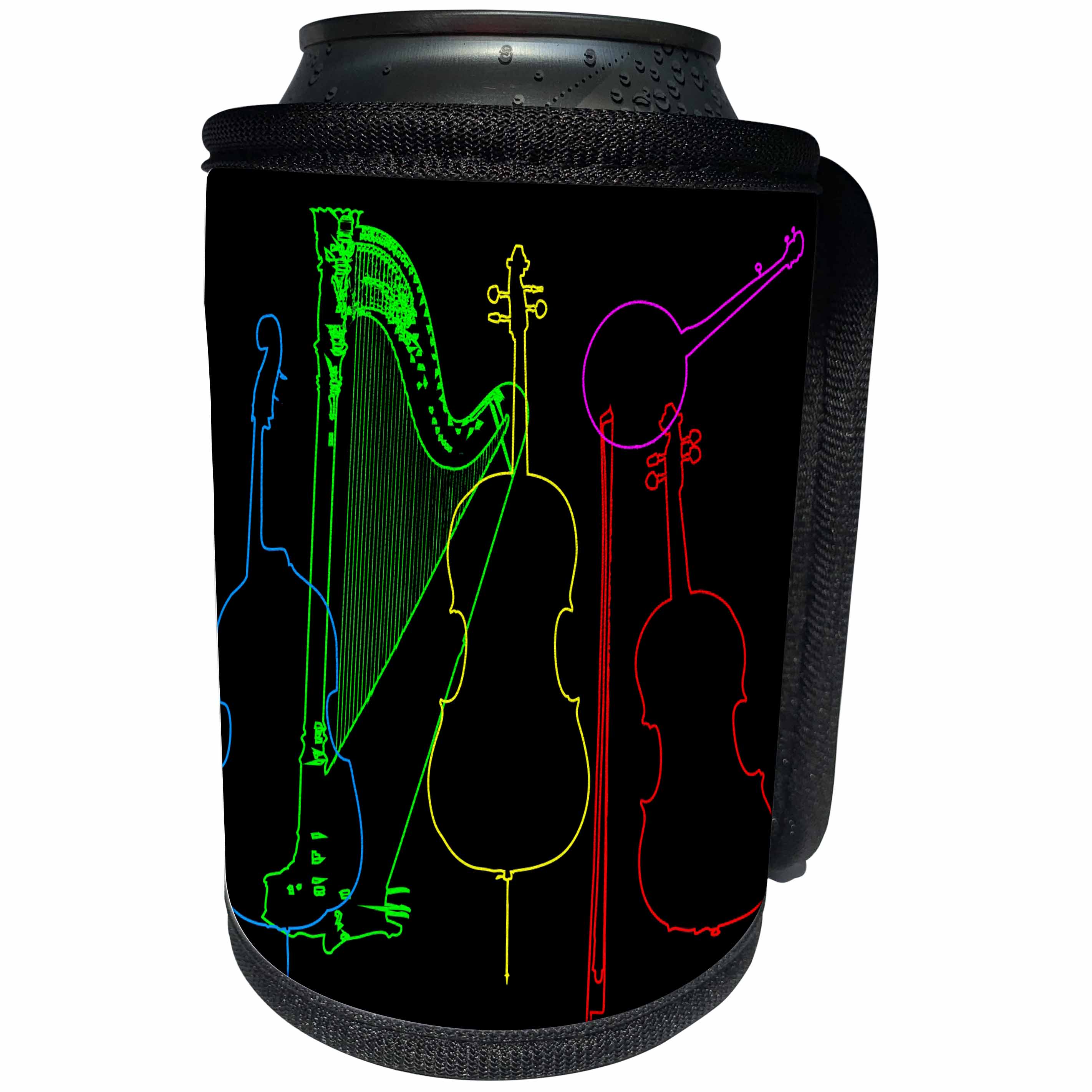 3dRose Alexis Design - Musical Instruments - Colorful silhouettes of violin, cello, harp, banjo, contrabass - Can Cooler Bottle Wrap (cc_294615)