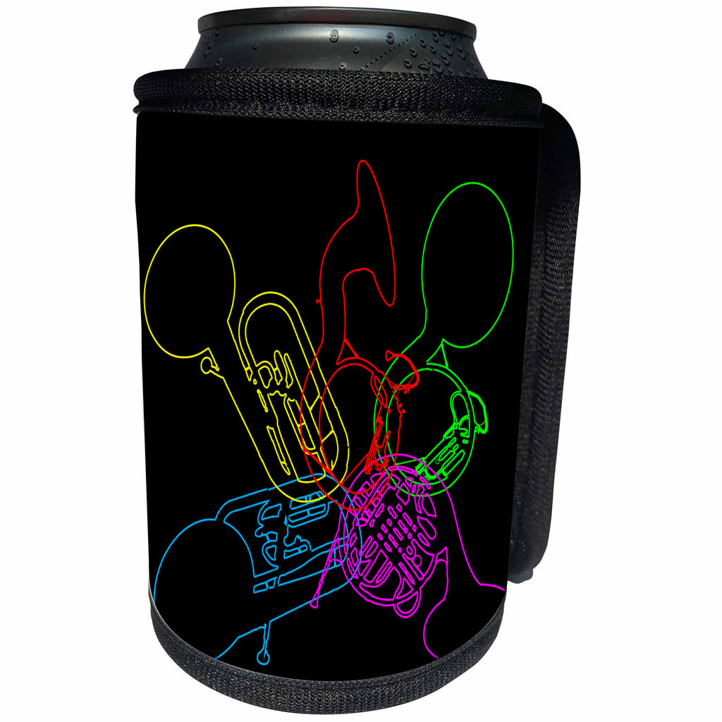 3dRose Alexis Design - Musical Instruments - Colorful silhouettes of wind musical instruments on black background - Can Cooler Bottle Wrap (cc_294616)