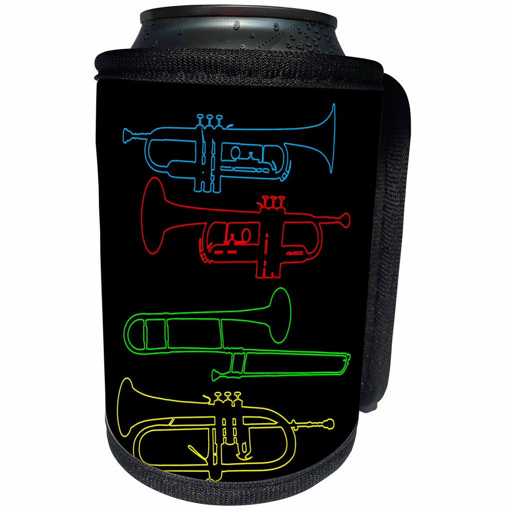 3dRose Alexis Design - Musical Instruments - Four colorful silhouettes of brass musical instruments on black - Can Cooler Bottle Wrap (cc_294617)
