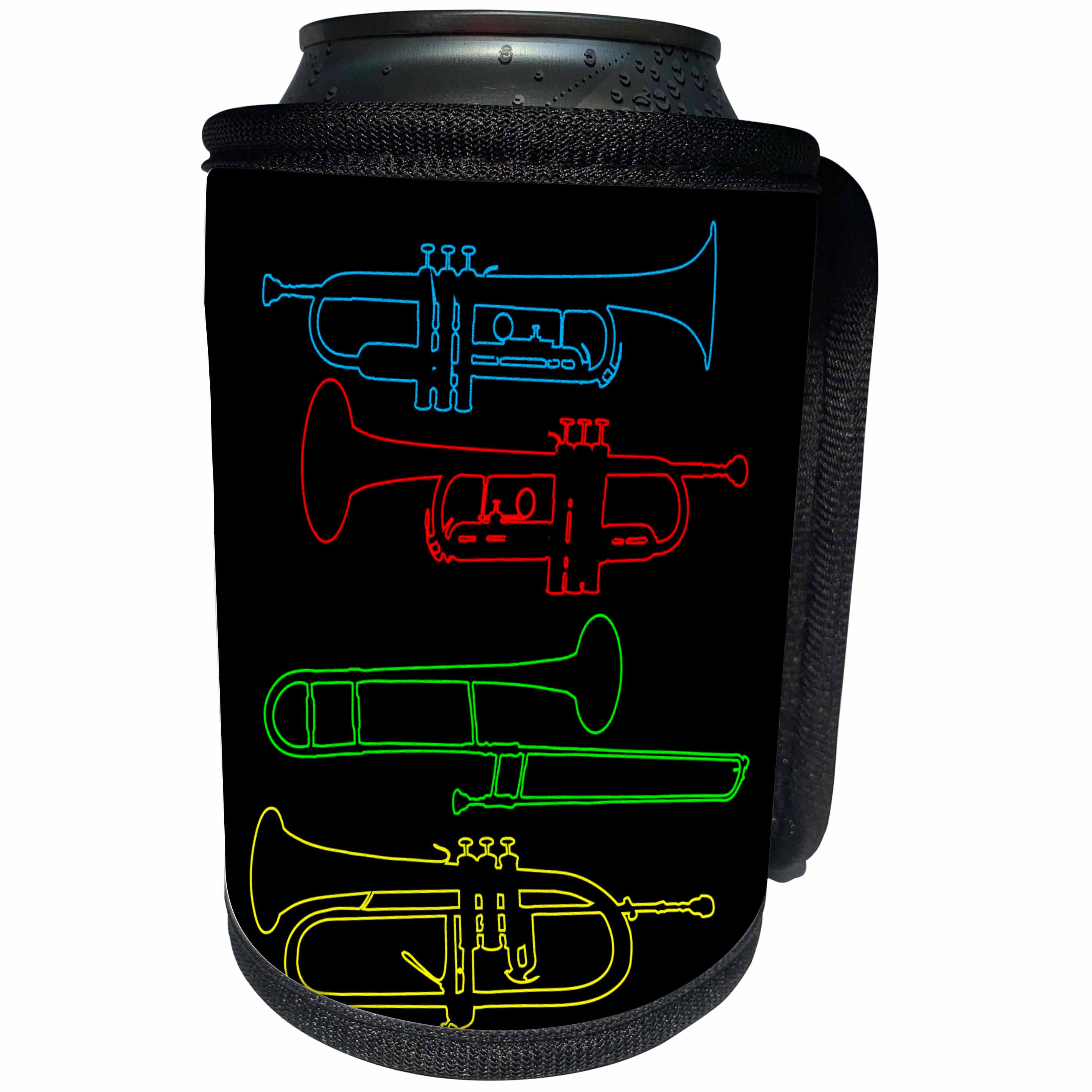 3dRose Alexis Design - Musical Instruments - Four colorful silhouettes of brass musical instruments on black - Can Cooler Bottle Wrap (cc_294617)
