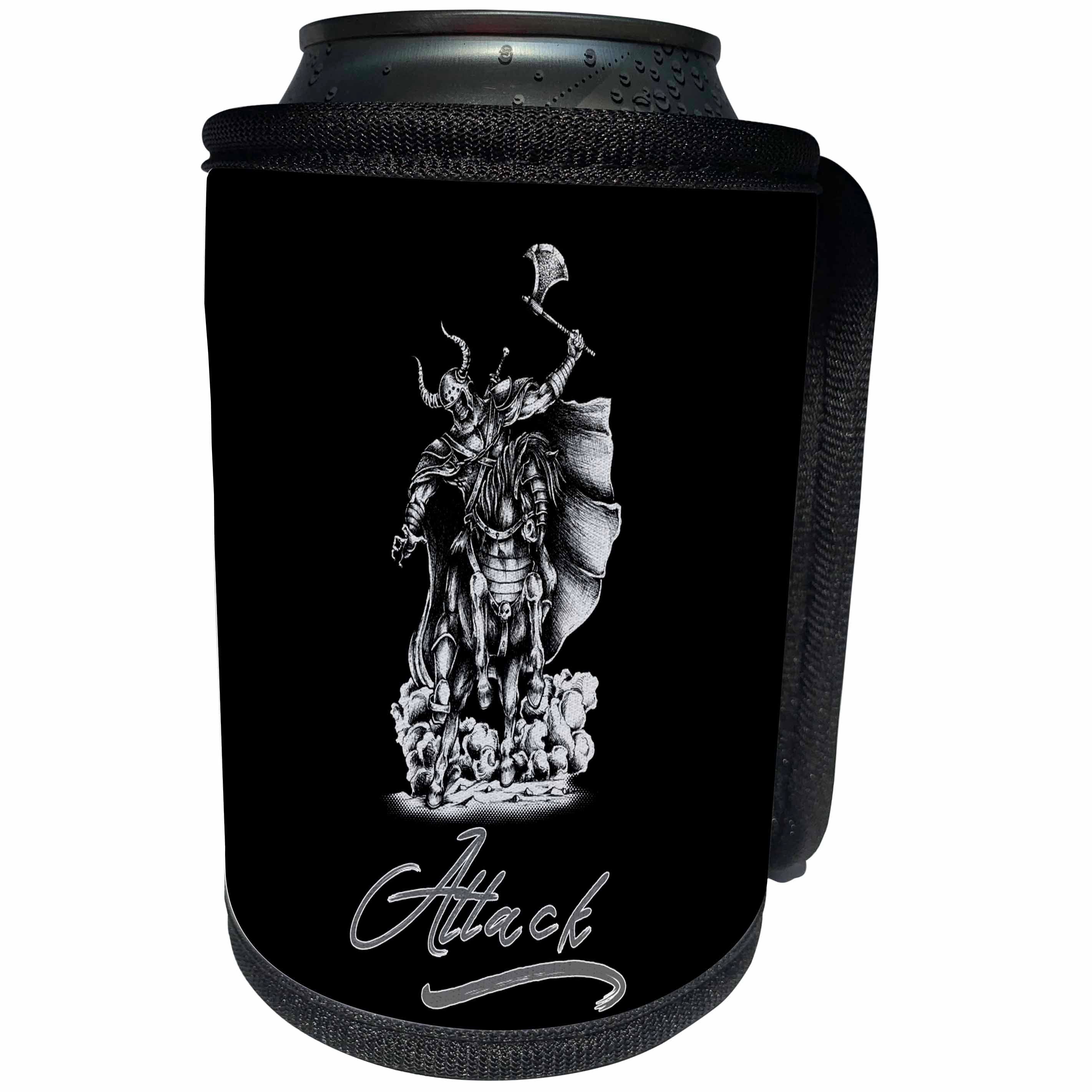 3dRose Alexis Design - Skull - Image of a monster knight on black. The text Attack - Can Cooler Bottle Wrap (cc_294618)