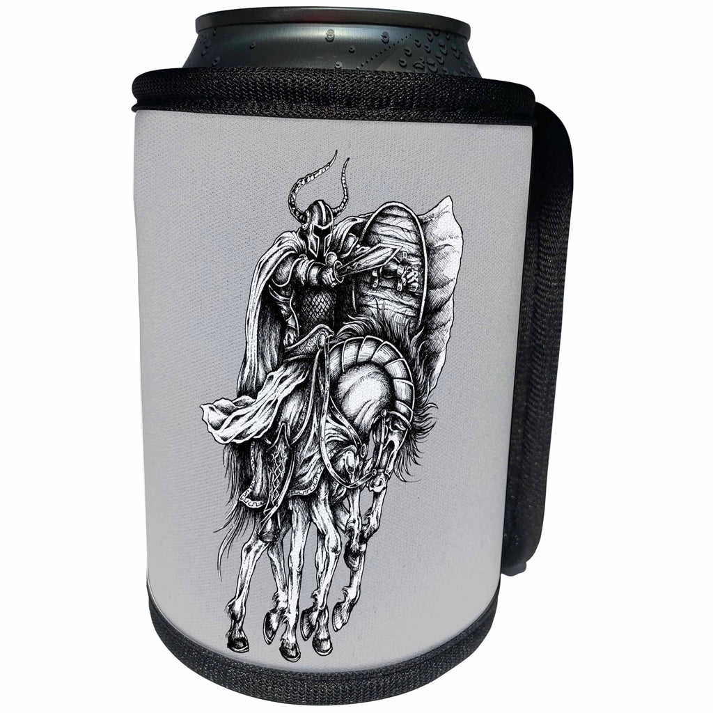 3dRose Alexis Design - Skull - Black and white image of a monster warrior riding a horse - Can Cooler Bottle Wrap (cc_294620)