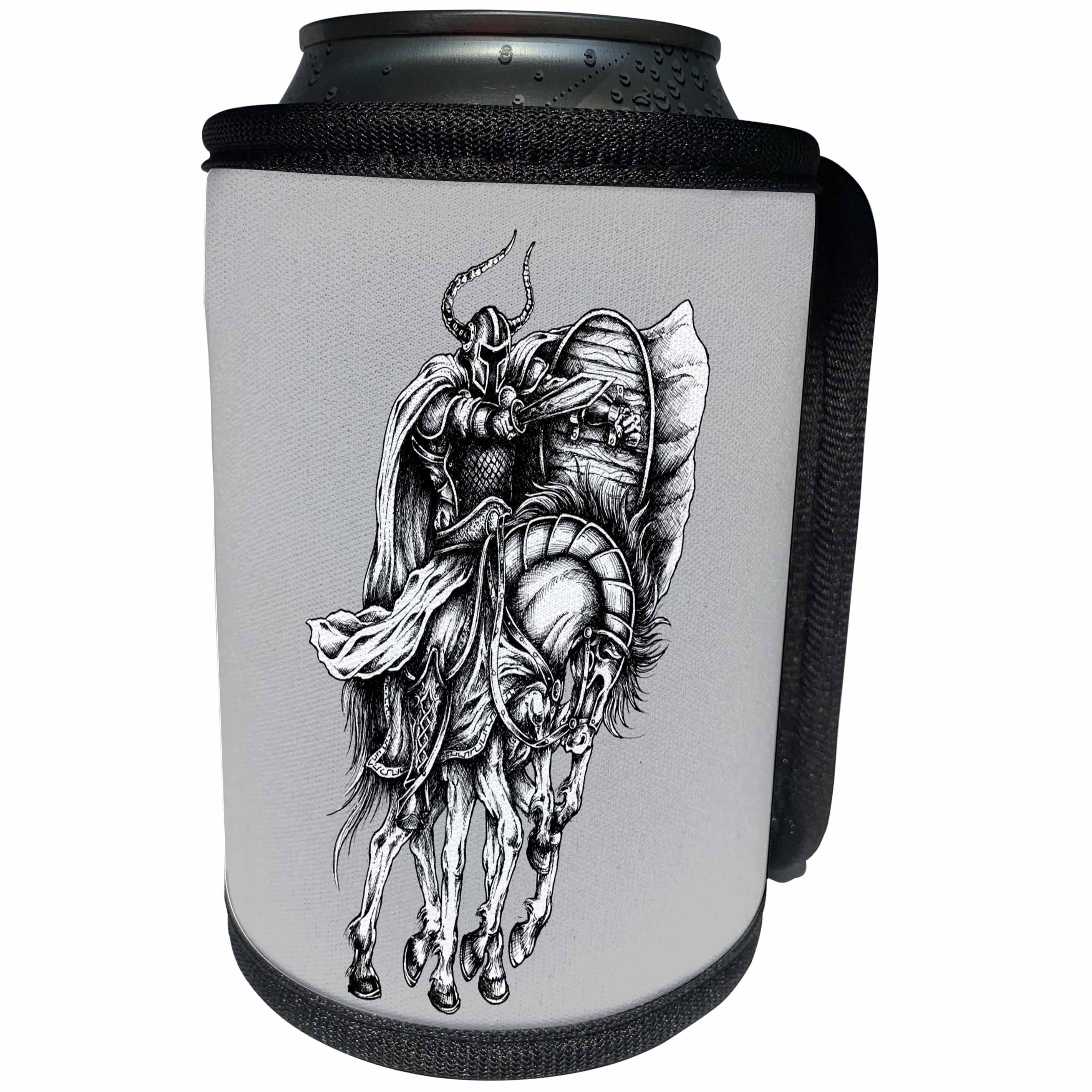 3dRose Alexis Design - Skull - Black and white image of a monster warrior riding a horse - Can Cooler Bottle Wrap (cc_294620)