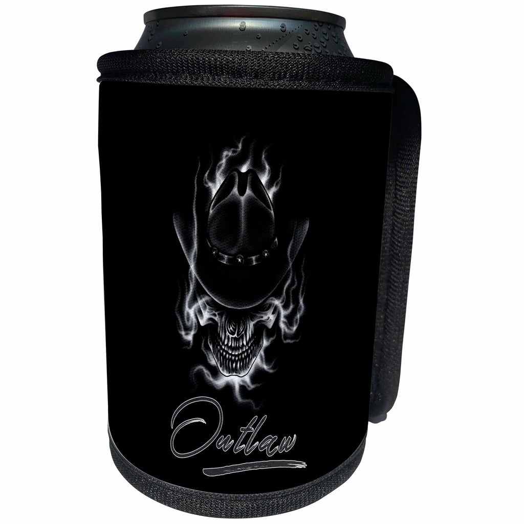 3dRose Alexis Design - Skull - Image of a skull in a hat. Smoke around the skull. Text Outlaw - Can Cooler Bottle Wrap (cc_294621)