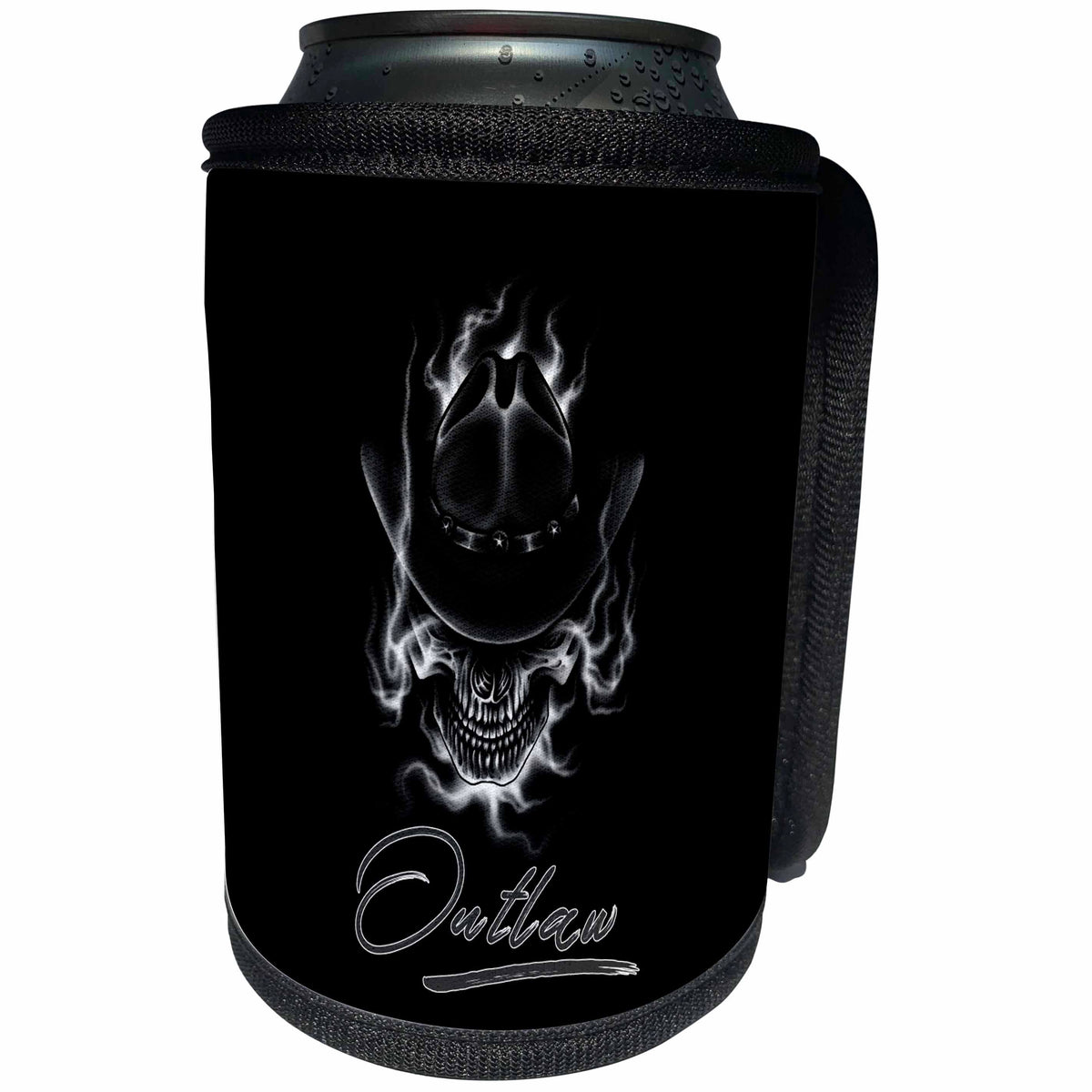 3dRose Alexis Design - Skull - Image of a skull in a hat. Smoke around the skull. Text Outlaw - Can Cooler Bottle Wrap (cc_294621)