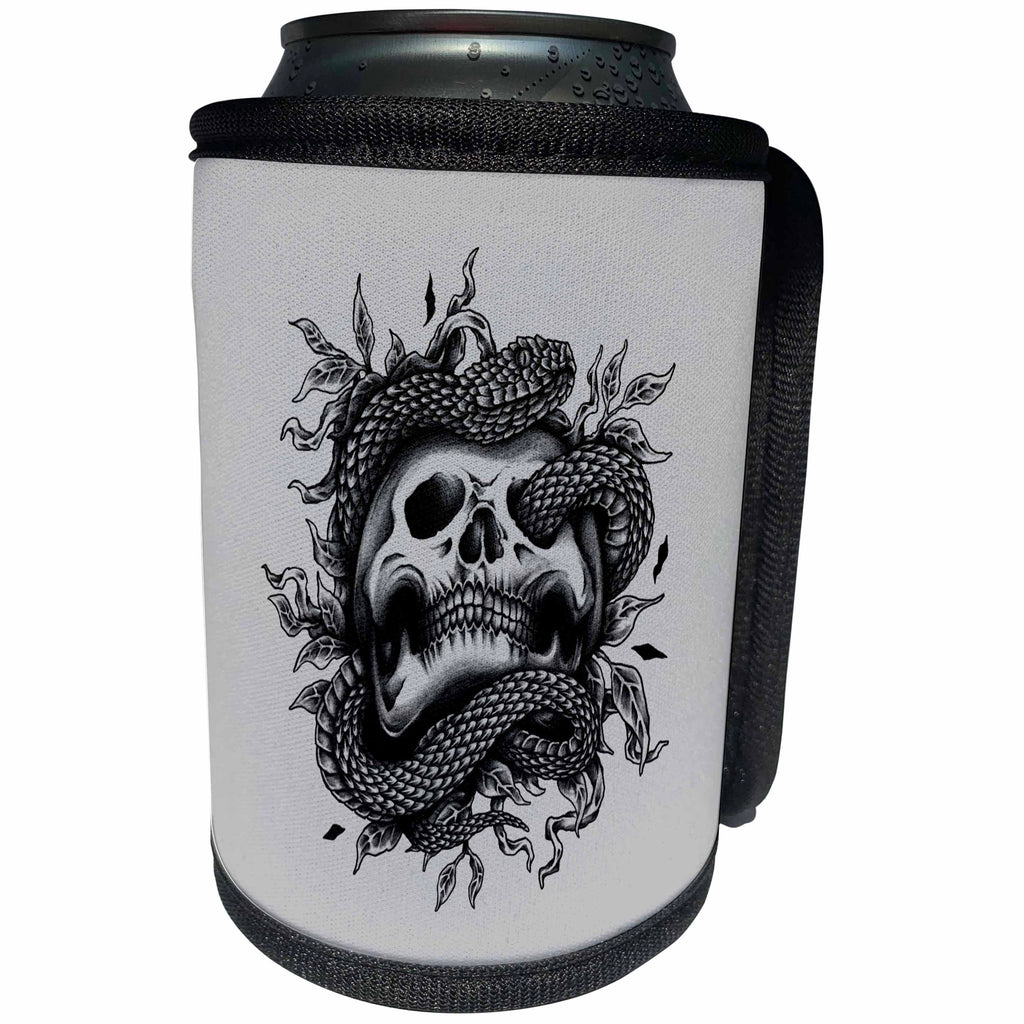3dRose Alexis Design - Skull - Black and white image of a snake around a skull - Can Cooler Bottle Wrap (cc_294622)