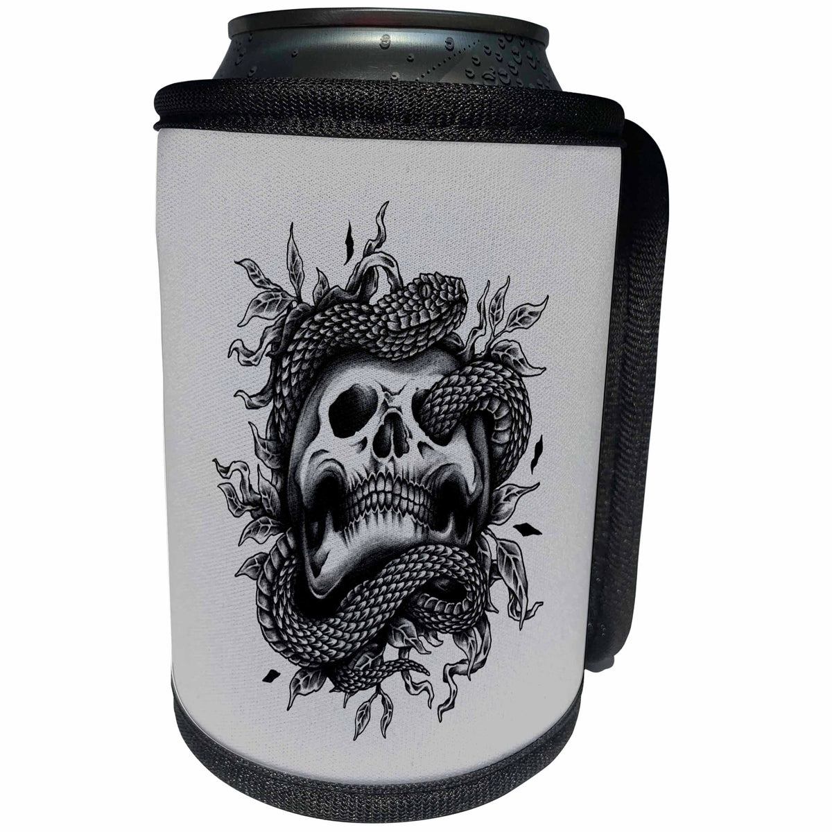 3dRose Alexis Design - Skull - Black and white image of a snake around a skull - Can Cooler Bottle Wrap (cc_294622)