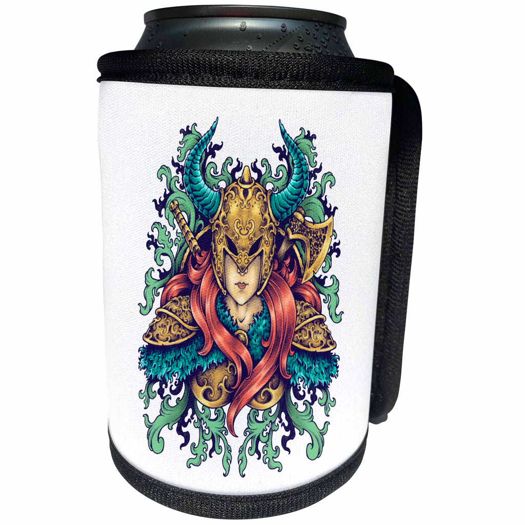 3dRose Alexis Design - Brave and Strong - Colorful image of a female warrior in helmet on white background - Can Cooler Bottle Wrap (cc_294625)