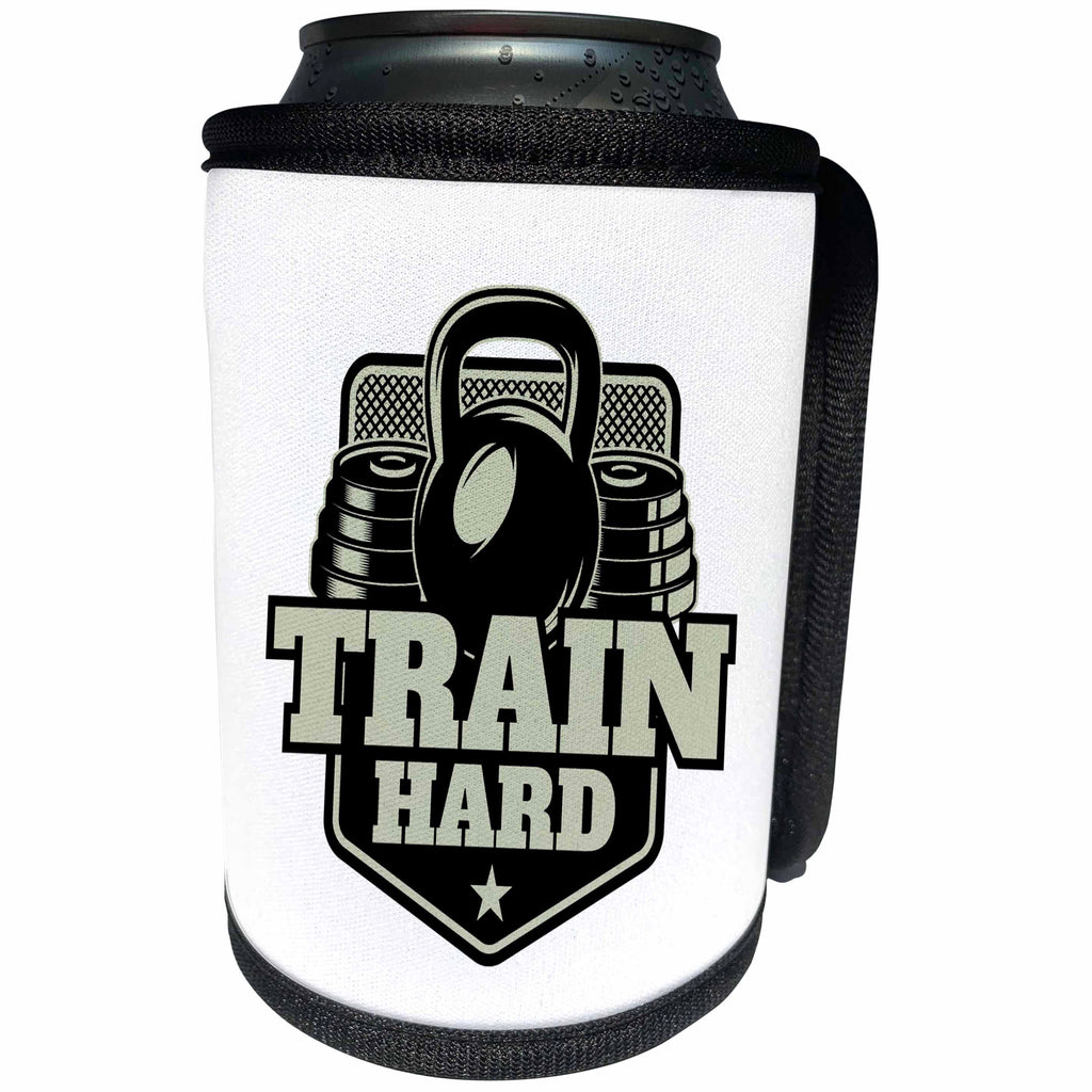 3dRose Alexis Design - Sport Fitness - Image of a dumbbell and weights. The text Train Hard on white - Can Cooler Bottle Wrap (cc_294627)