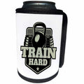 3dRose Alexis Design - Sport Fitness - Image of a dumbbell and weights. The text Train Hard on white - Can Cooler Bottle Wrap (cc_294627)