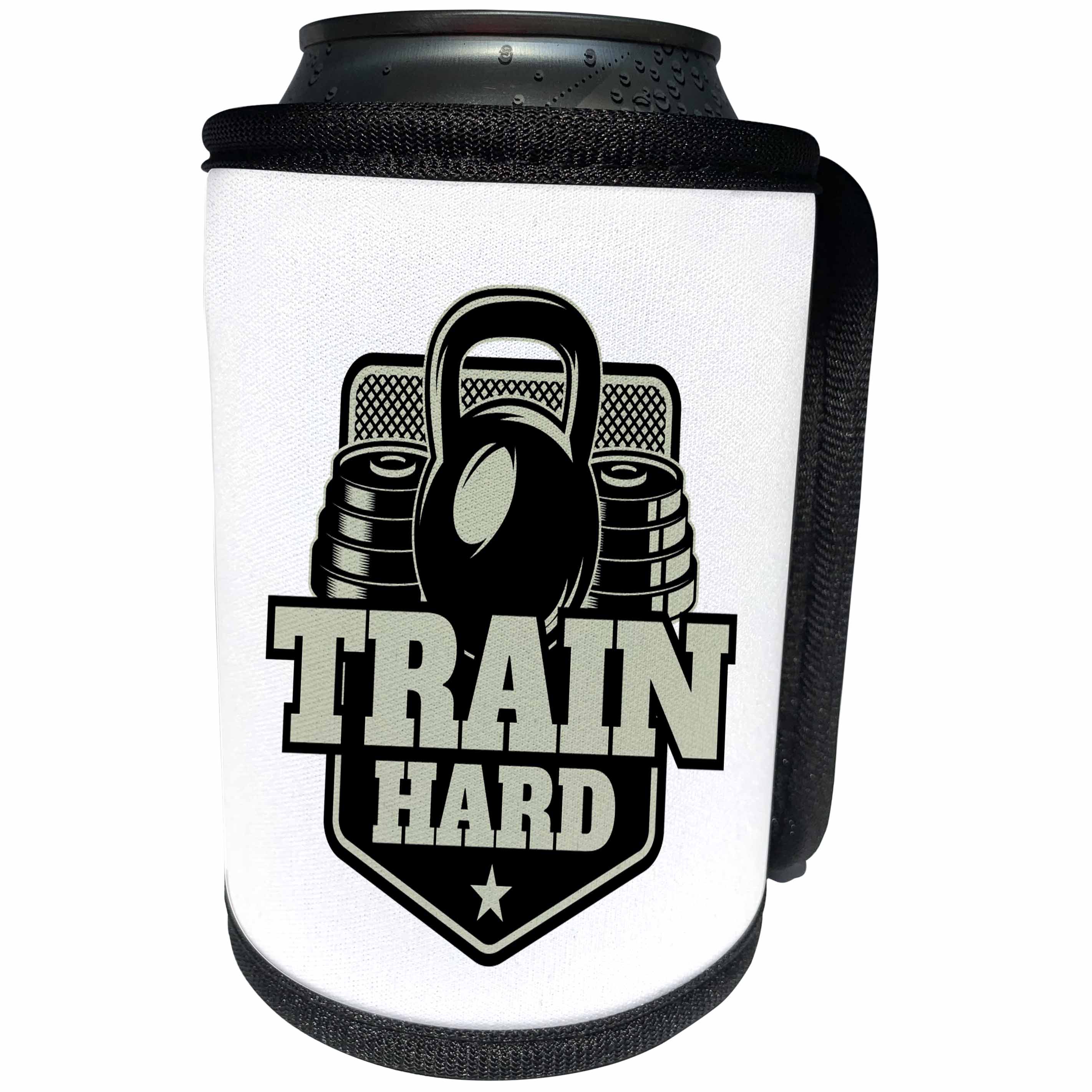 3dRose Alexis Design - Sport Fitness - Image of a dumbbell and weights. The text Train Hard on white - Can Cooler Bottle Wrap (cc_294627)