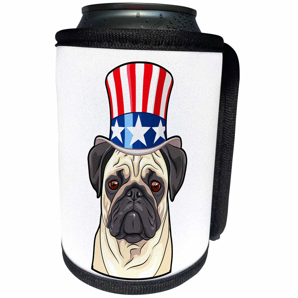 3dRose Patriotic American Dogs - Pug wearing top hat with American flag on it - Can Cooler Bottle Wrap (cc_294996)