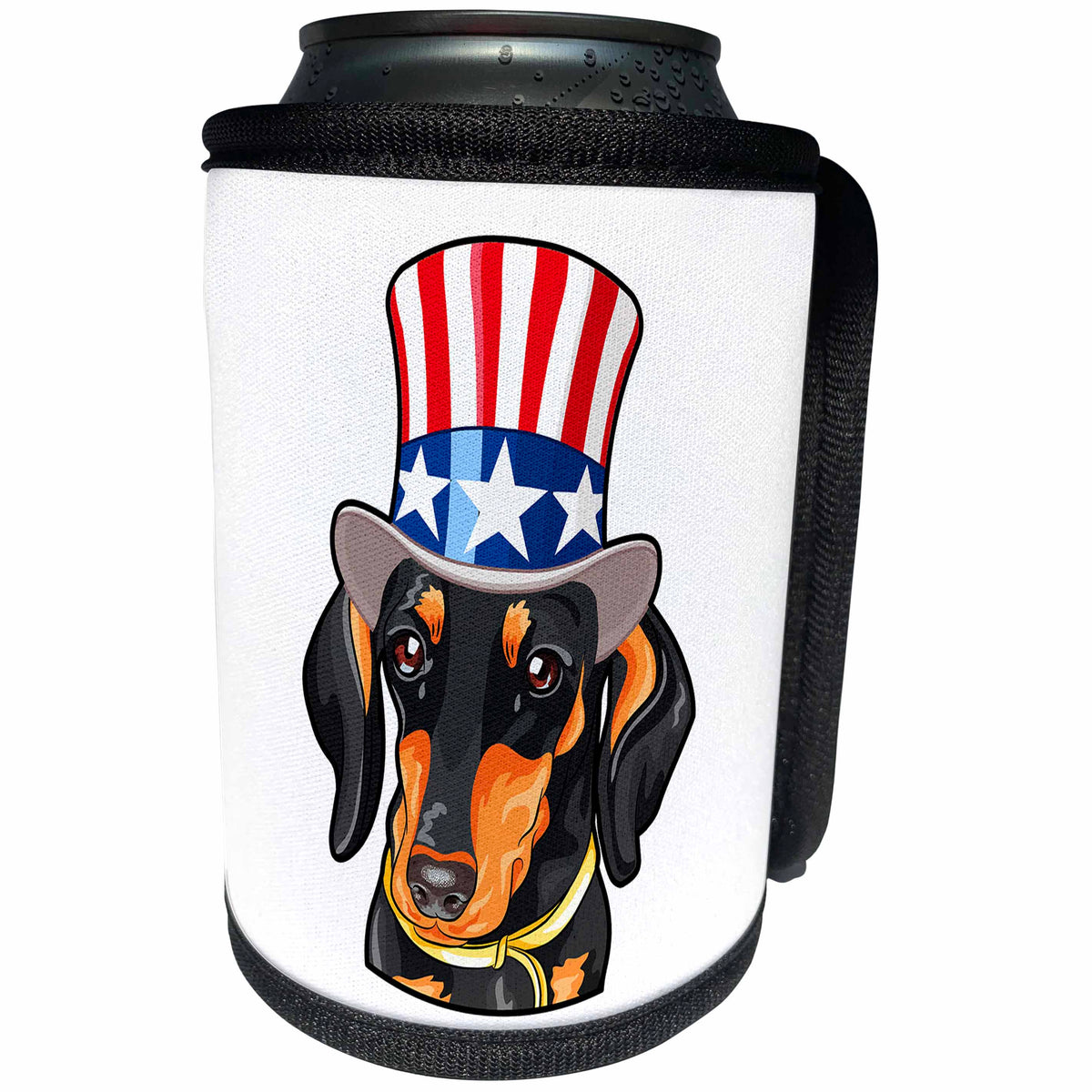 3dRose Patriotic American Dogs - Dachshund wearing top hat with American flag on it Doxie - Can Cooler Bottle Wrap (cc_295002)