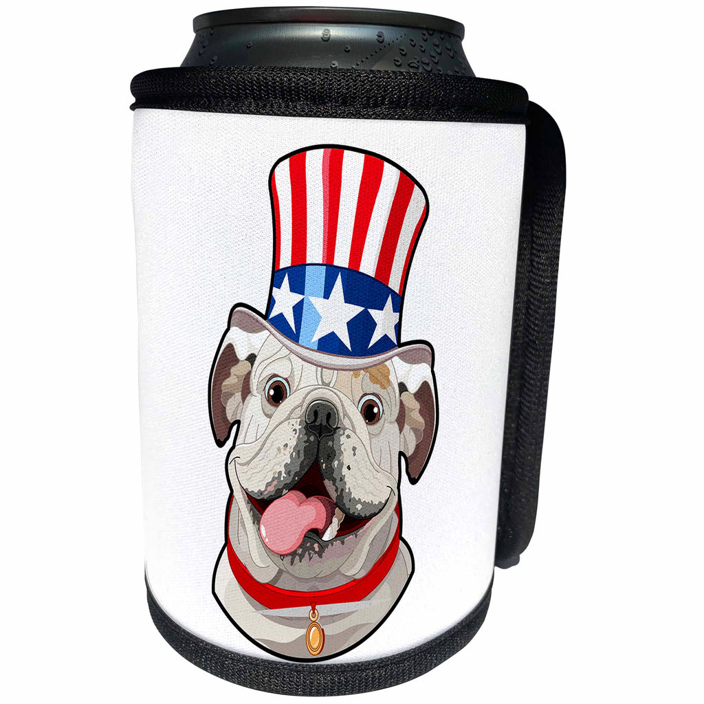 3dRose Patriotic American Dogs - English Bulldog wearing top hat with American flag on it - Can Cooler Bottle Wrap (cc_295003)