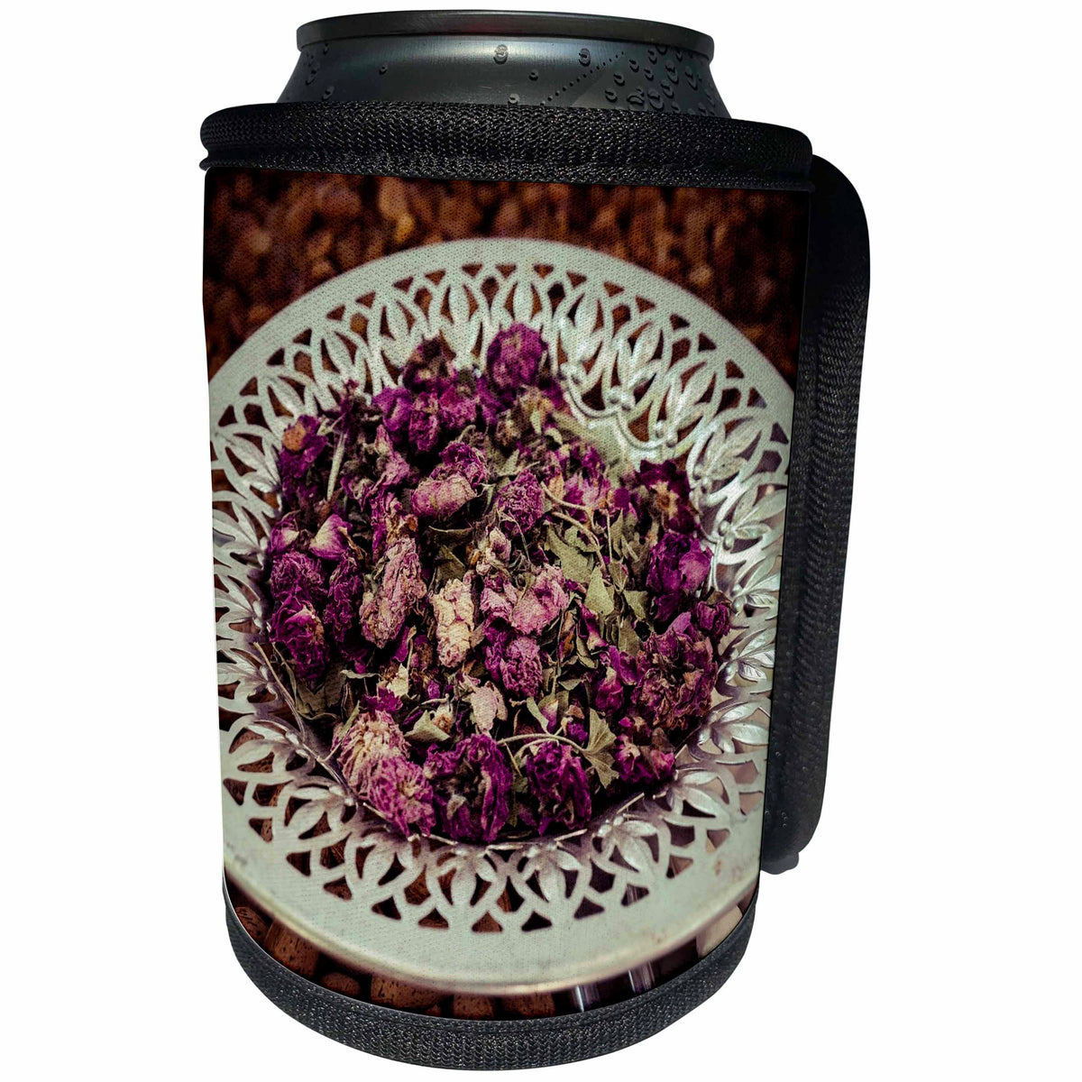 3dRose Alexis Photography - Food - Tea-rose petals in a metal plate. Sweet treats around. Stylized photo - Can Cooler Bottle Wrap (cc_295007)
