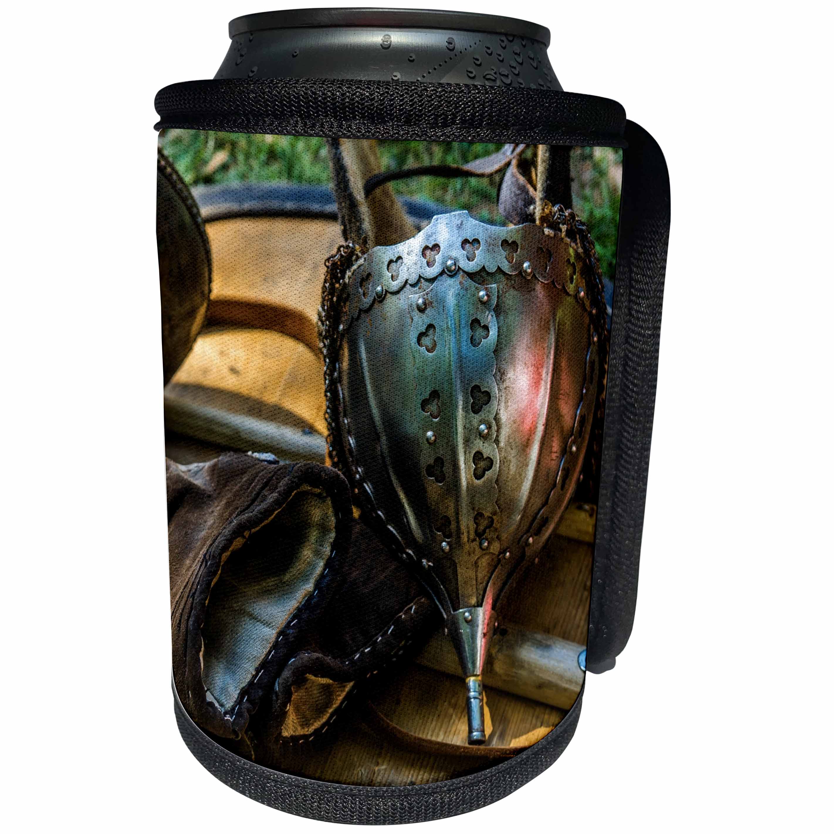 3dRose Alexis Photography - Objects Armor - Ancient metal war helmet, leather gloves on a wooden shield - Can Cooler Bottle Wrap (cc_295011)