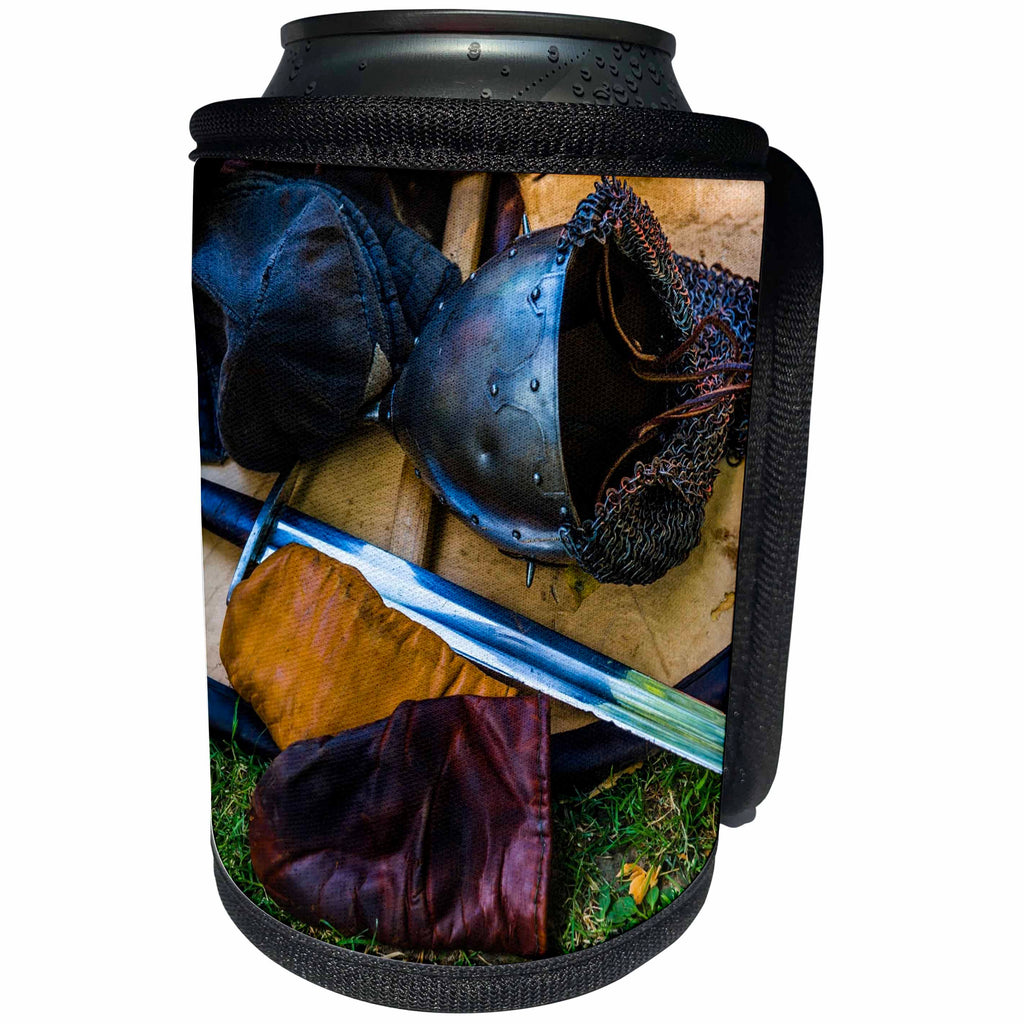 3dRose Alexis Photography - Objects Weapons - Ancient metal war helmet, gloves, shield, metal sword on grass - Can Cooler Bottle Wrap (cc_295015)