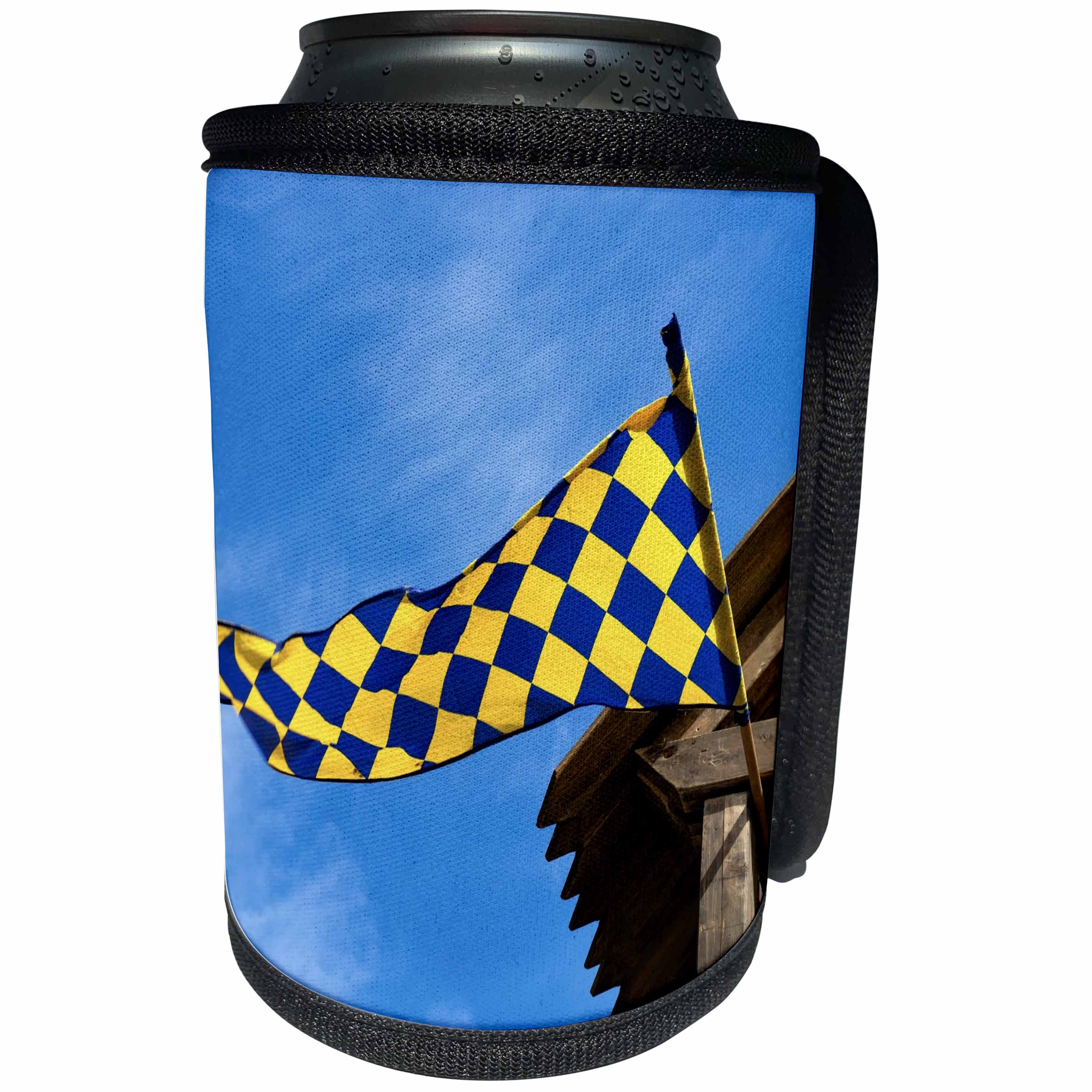 3dRose Alexis Photography - Objects Flags - Checkered blue, yellow flag, blue sky, white clouds, wooden roof - Can Cooler Bottle Wrap (cc_295019)