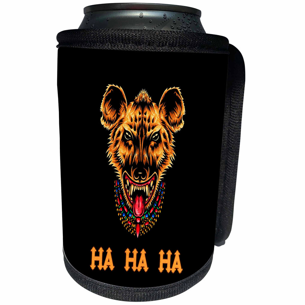 3dRose Alexis Design - Animals - Image of a laughing hyena face. A text Ha Ha Ha. Funny decor on black - Can Cooler Bottle Wrap (cc_295031)