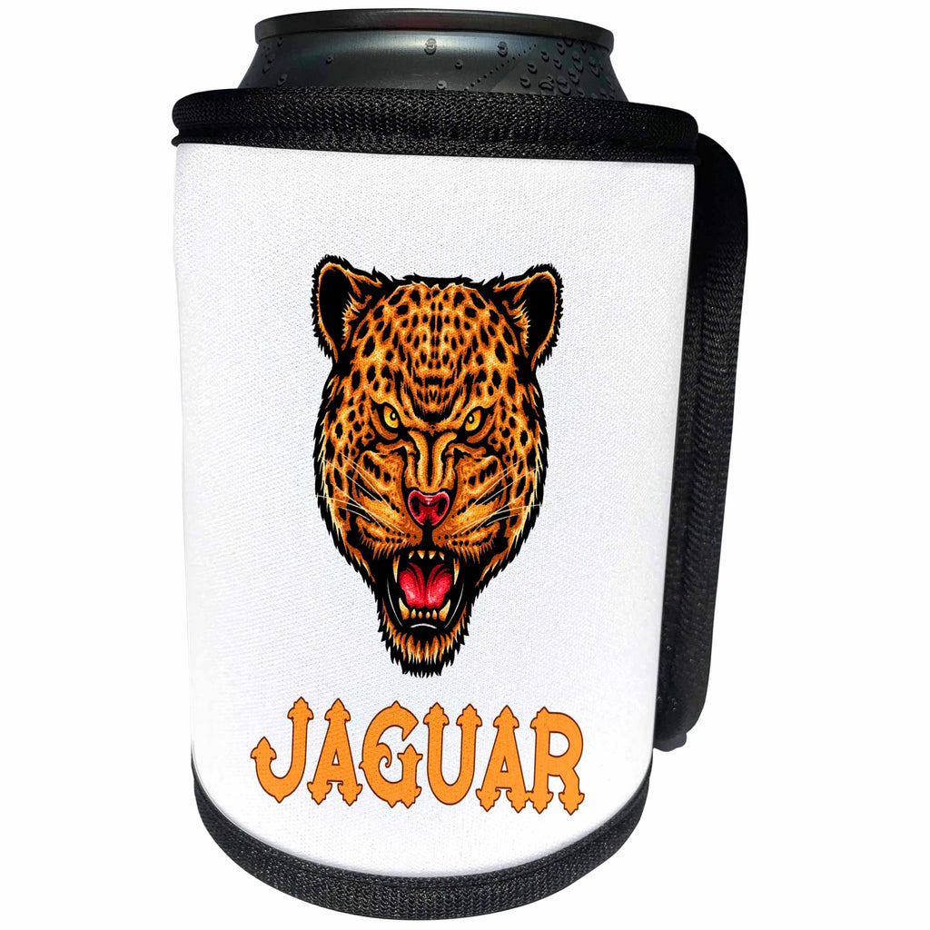 3dRose Alexis Design - Animals - Image of a roaring jaguar head. A text Jaguar. Funny decor on white - Can Cooler Bottle Wrap (cc_295032)