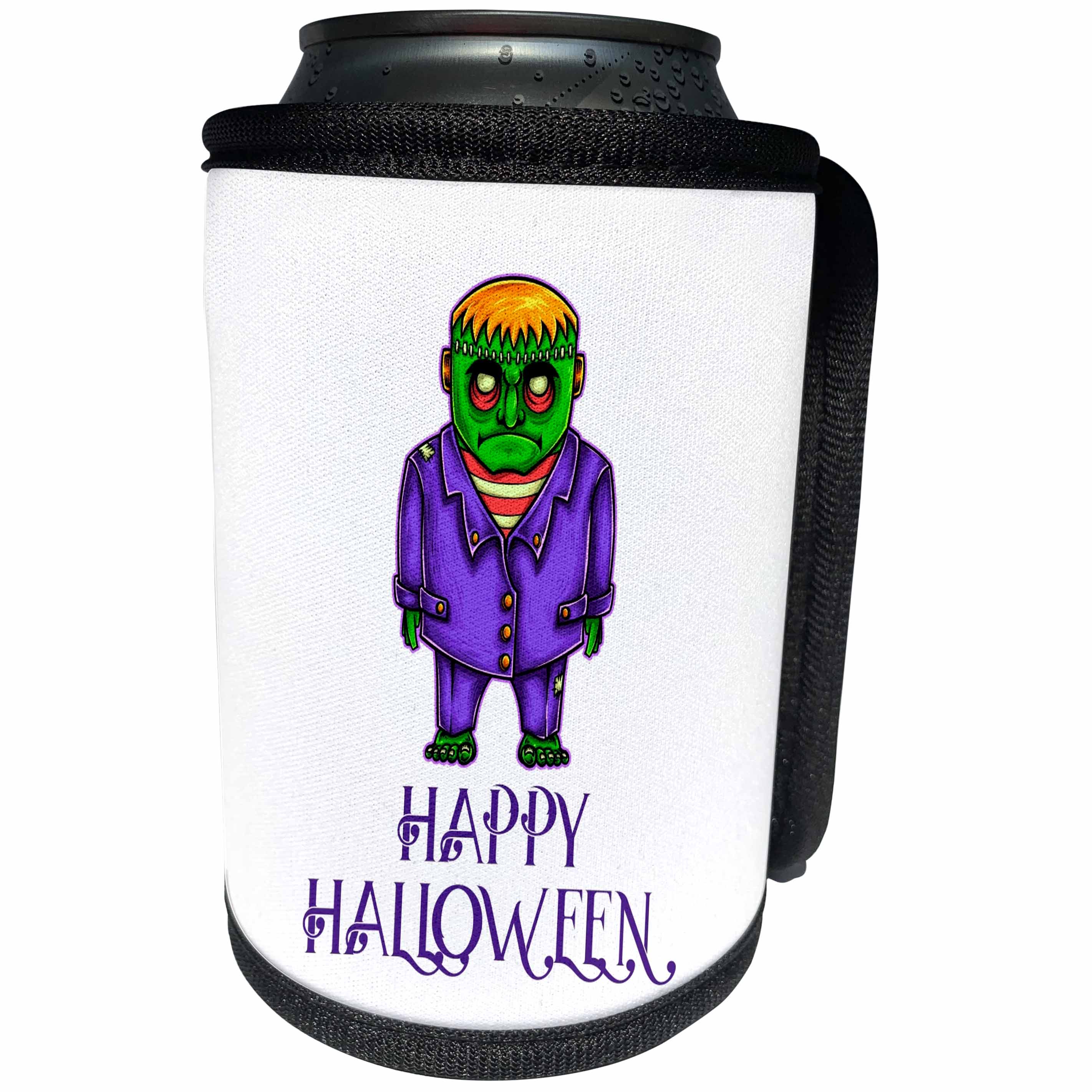3dRose Alexis Design - Funny Characters - Green monster in a purple suit. A text Happy Halloween. Funny decor - Can Cooler Bottle Wrap (cc_295038)