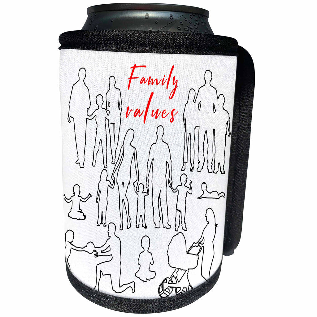 3dRose Alexis Design - Family - Black outlined silhouettes of adults and kids. Red text Family values - Can Cooler Bottle Wrap (cc_295052)