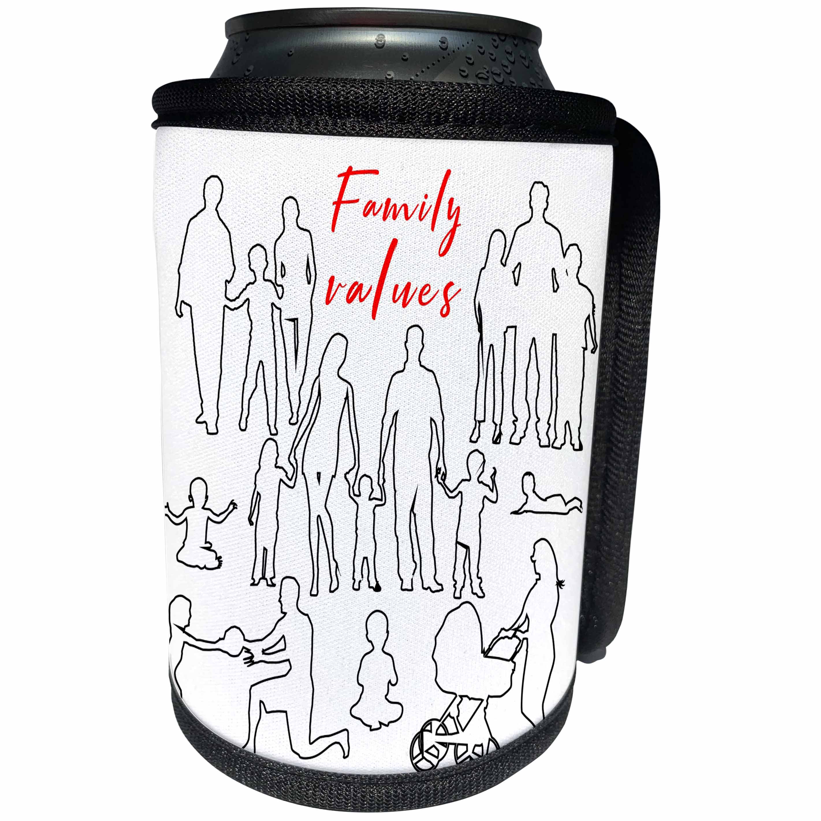 3dRose Alexis Design - Family - Black outlined silhouettes of adults and kids. Red text Family values - Can Cooler Bottle Wrap (cc_295052)
