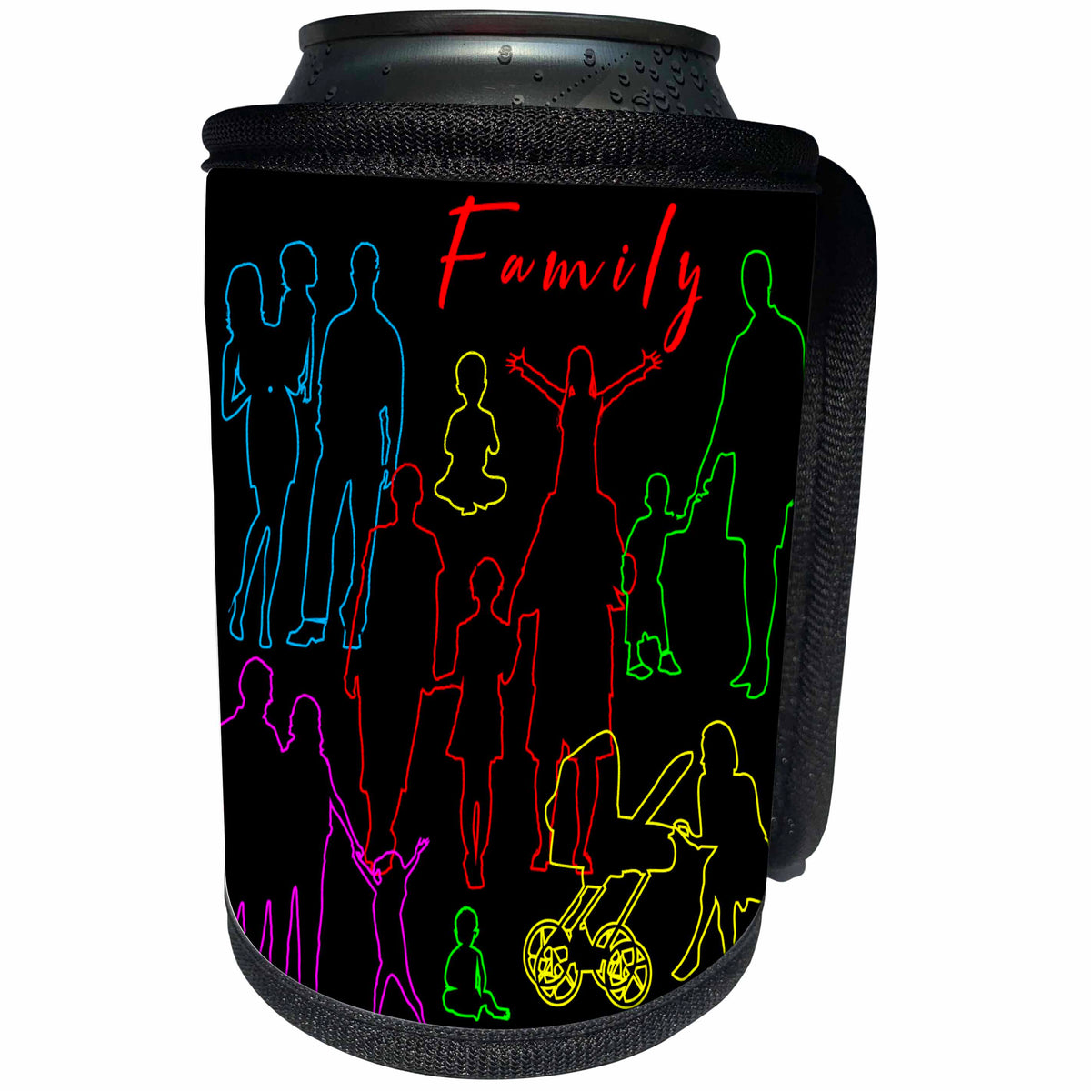 3dRose Alexis Design - Family - Colorful positive silhouettes of adults and kids. Red text Family - Can Cooler Bottle Wrap (cc_295053)