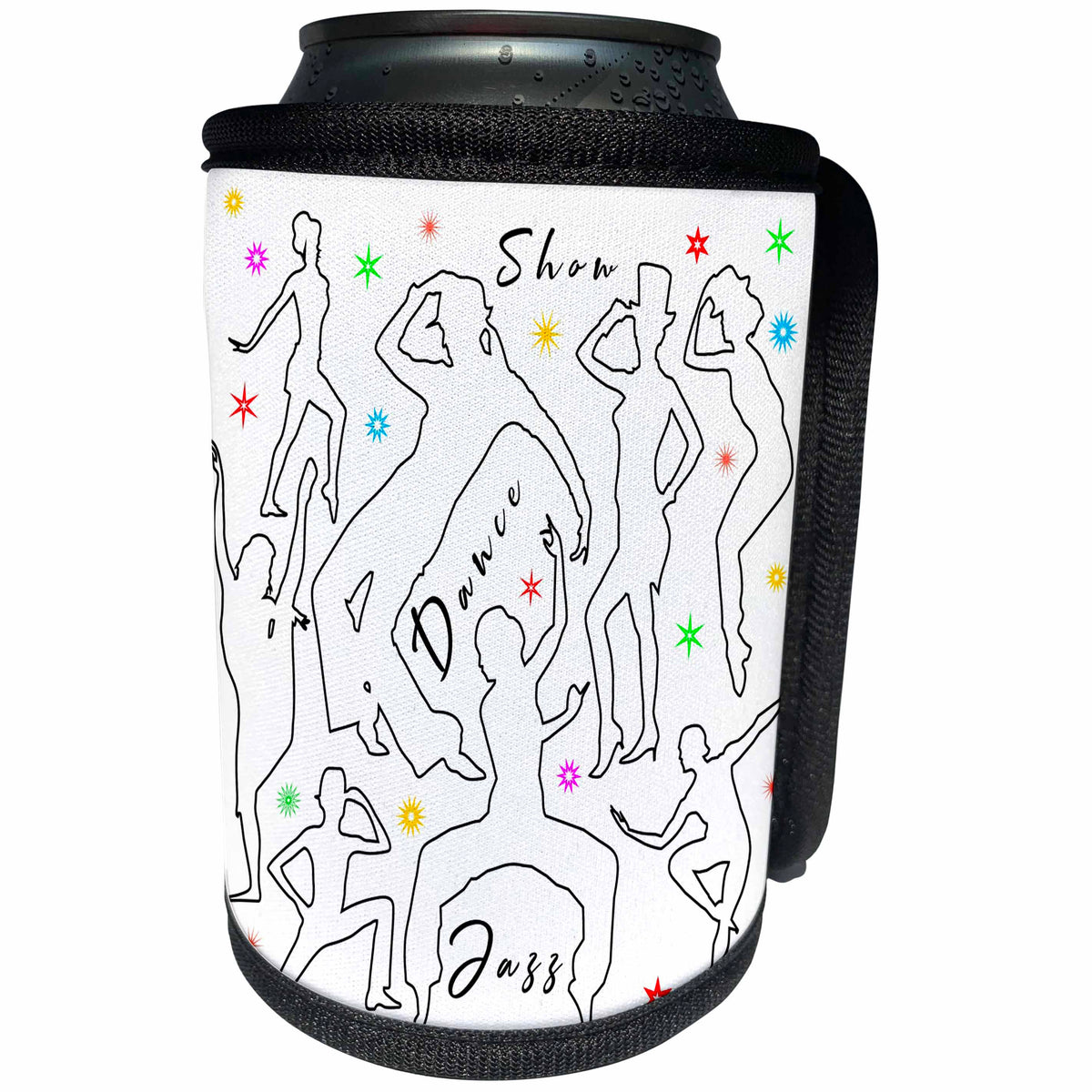 3dRose Alexis Design - Dance - Black outlined dancer silhouettes, colorful stars. Show, dance, jazz - Can Cooler Bottle Wrap (cc_295055)