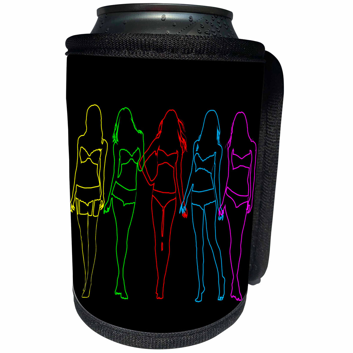 3dRose Alexis Design - Beauty Silhouettes - Five colorful silhouettes of sexy women in bikinis on black - Can Cooler Bottle Wrap (cc_295056)