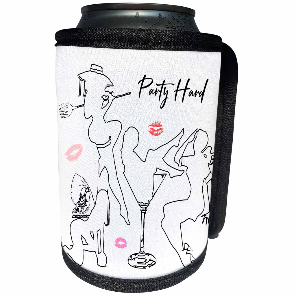 3dRose Alexis Design - Beauty Silhouettes - Outlined silhouettes of sexy women. Pink lips images. Party hard text - Can Cooler Bottle Wrap (cc_295057)