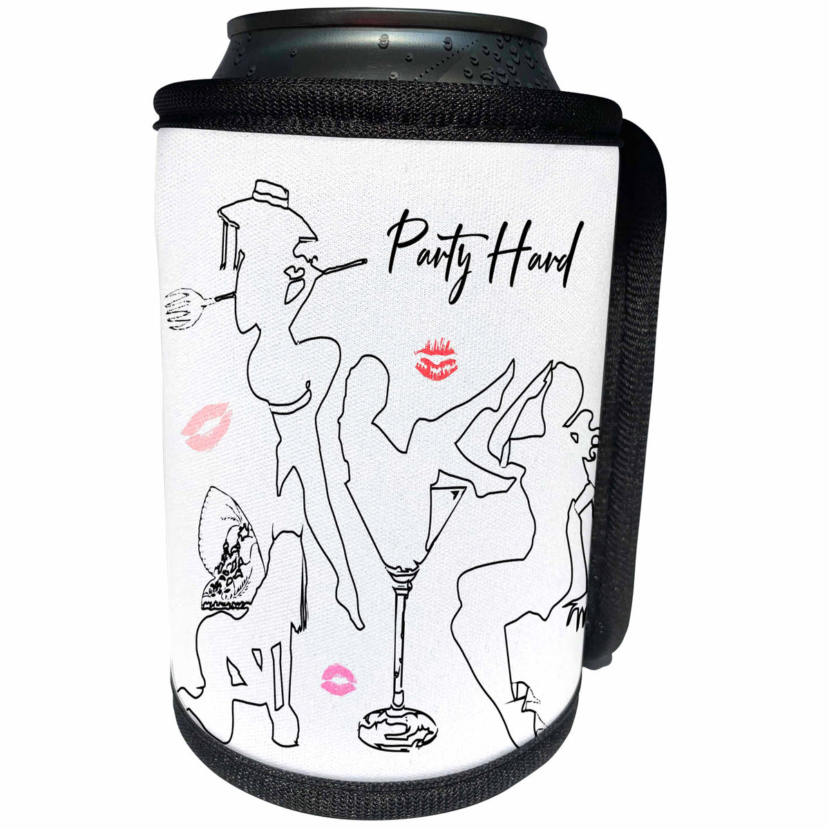 3dRose Alexis Design - Beauty Silhouettes - Outlined silhouettes of sexy women. Pink lips images. Party hard text - Can Cooler Bottle Wrap (cc_295057)
