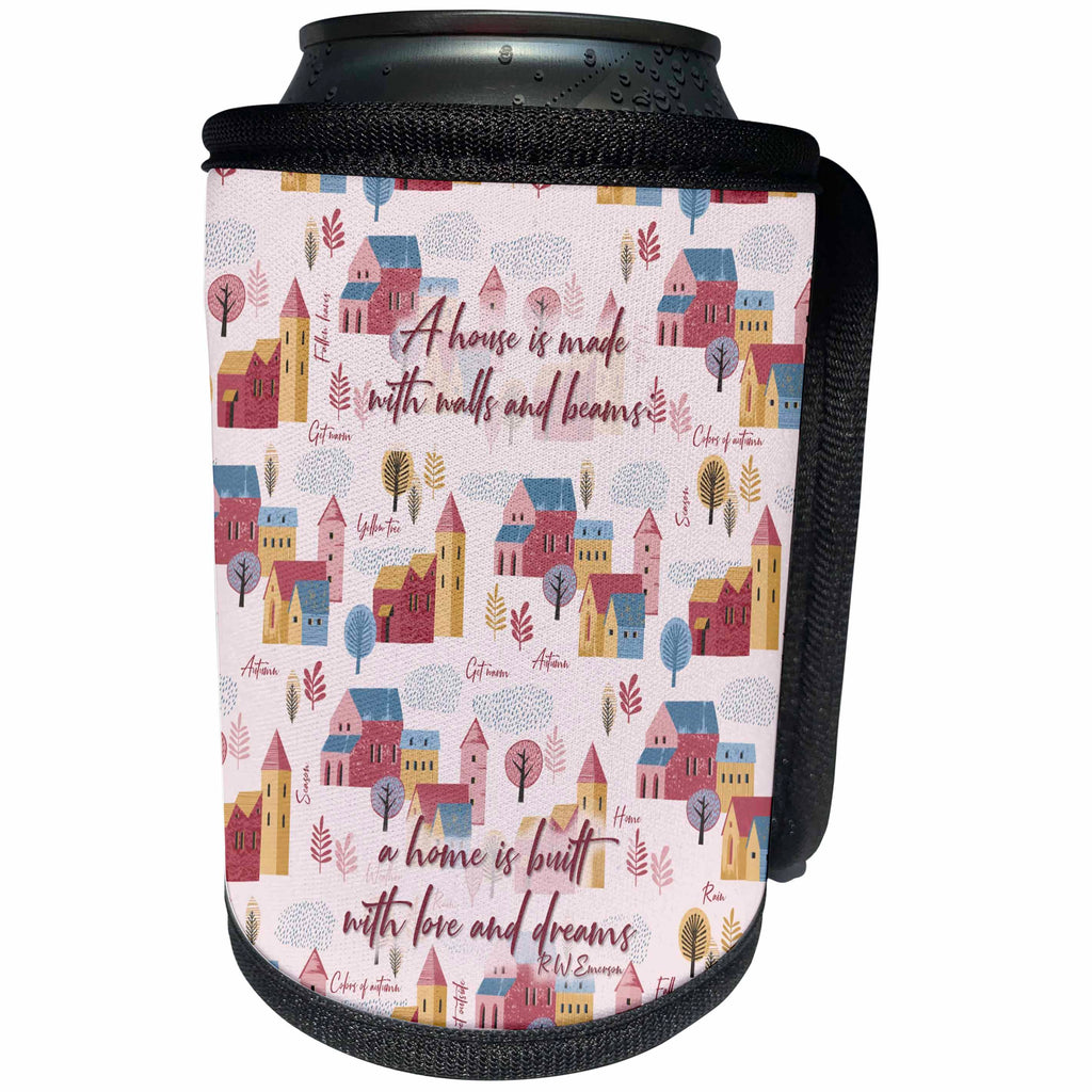 3dRose Alexis Design - Autumn Vibes - A home is built with love and dreams Emerson quote. Beautiful autumn - Can Cooler Bottle Wrap (cc_295067)