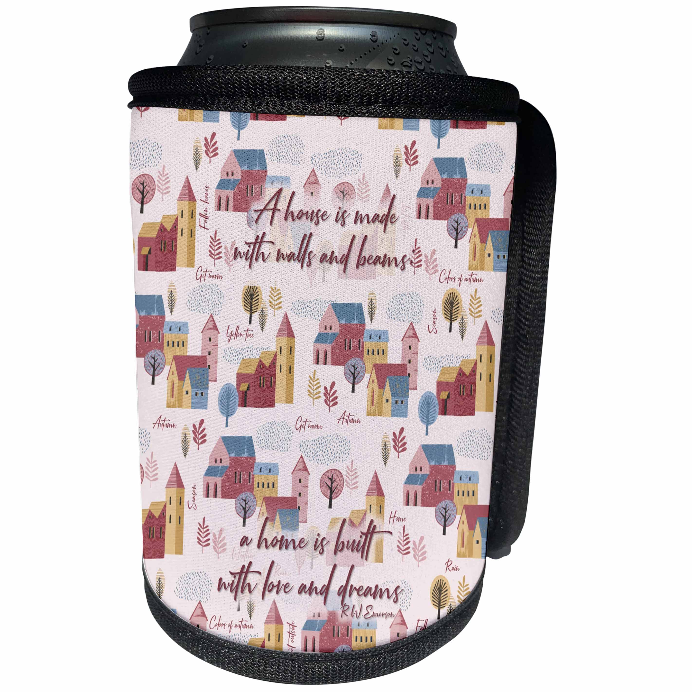3dRose Alexis Design - Autumn Vibes - A home is built with love and dreams Emerson quote. Beautiful autumn - Can Cooler Bottle Wrap (cc_295067)