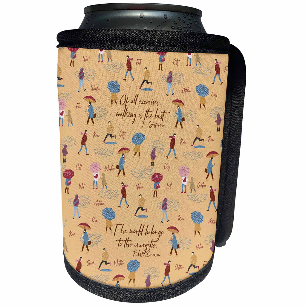 3dRose Alexis Design - Autumn Vibes - Jefferson, Emerson quotes about walking. People, rainy autumn day - Can Cooler Bottle Wrap (cc_295069)