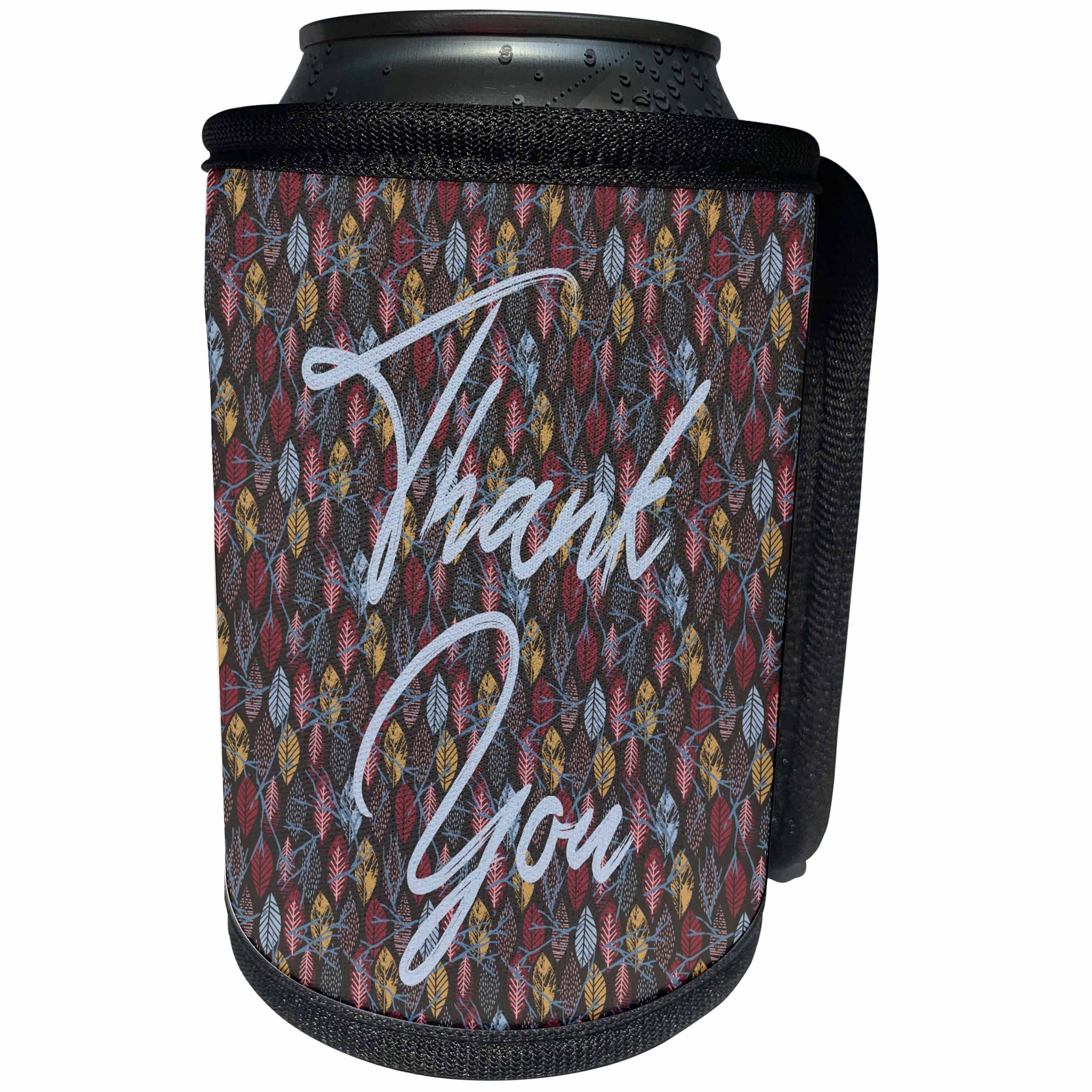 3dRose Alexis Design - Autumn Vibes - Decorative text Thank you on the autumn forest pattern. Thanksgiving - Can Cooler Bottle Wrap (cc_295070)