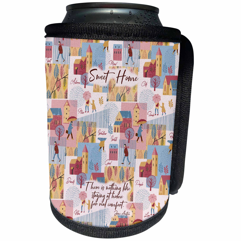 3dRose Alexis Design - Autumn Vibes - There is nothing like staying at home Jane Austen quote. Autumn decor - Can Cooler Bottle Wrap (cc_295072)